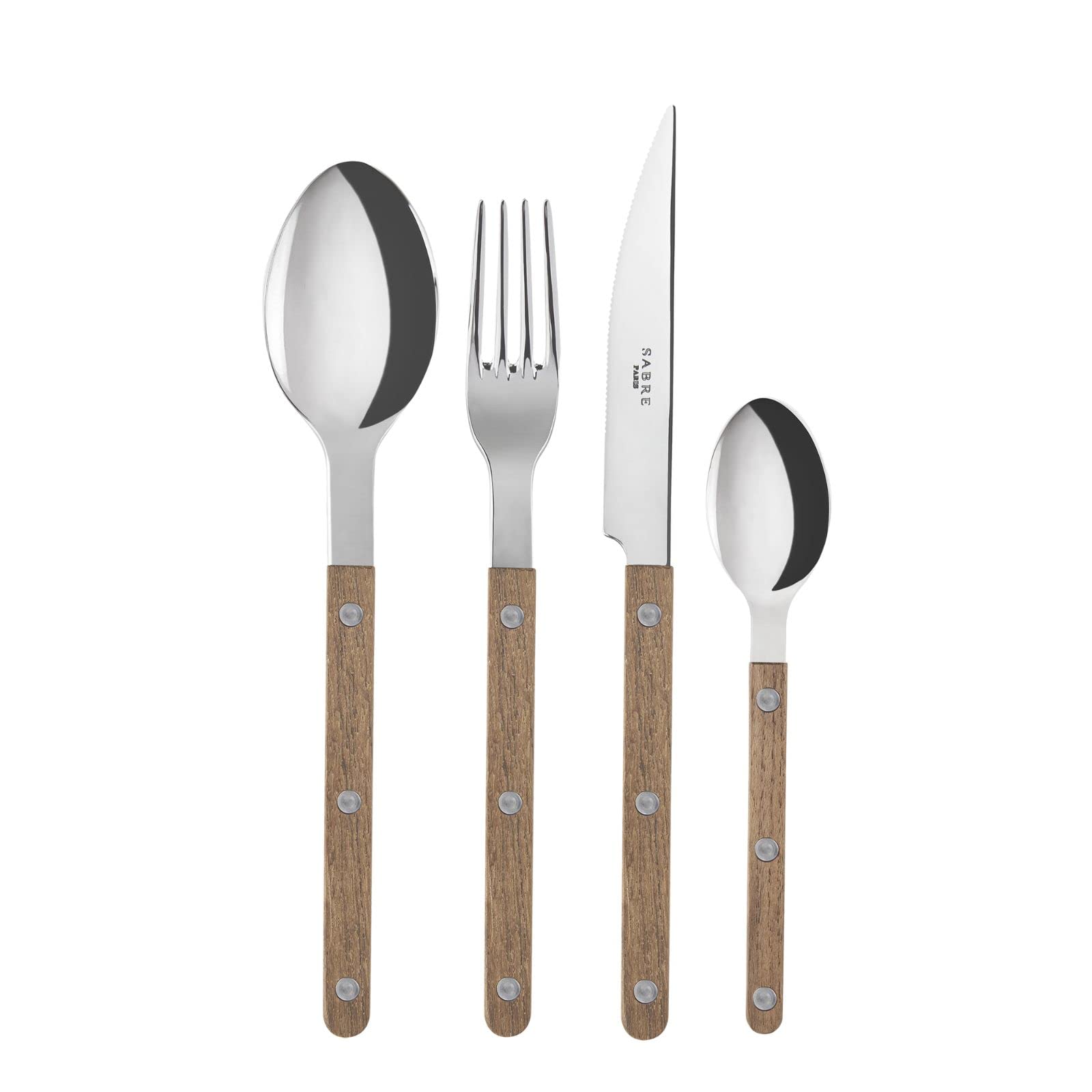 Sabre ParisBistro Teak 4 Piece Cutlery Set in Teak Colour and Vintage Finish Includes Stainless Steel Knife, Fork, Soup Spoon and Spoon