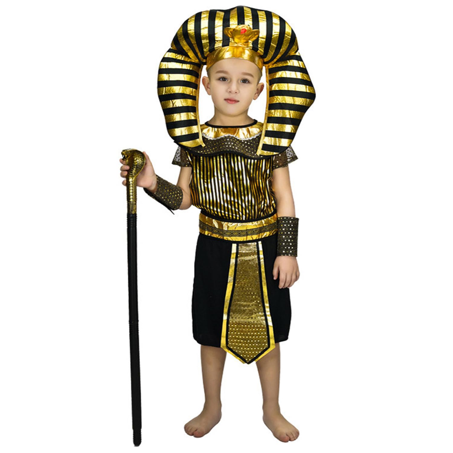 Ricjurzzty Kids Egyptian Pharaoh Costume - Gold and Black Pharaoh outfit and Pharaoh Snake Scepter Halloween Cosplay Costume Robe Role Play Dress up with Accessories for Boys kids