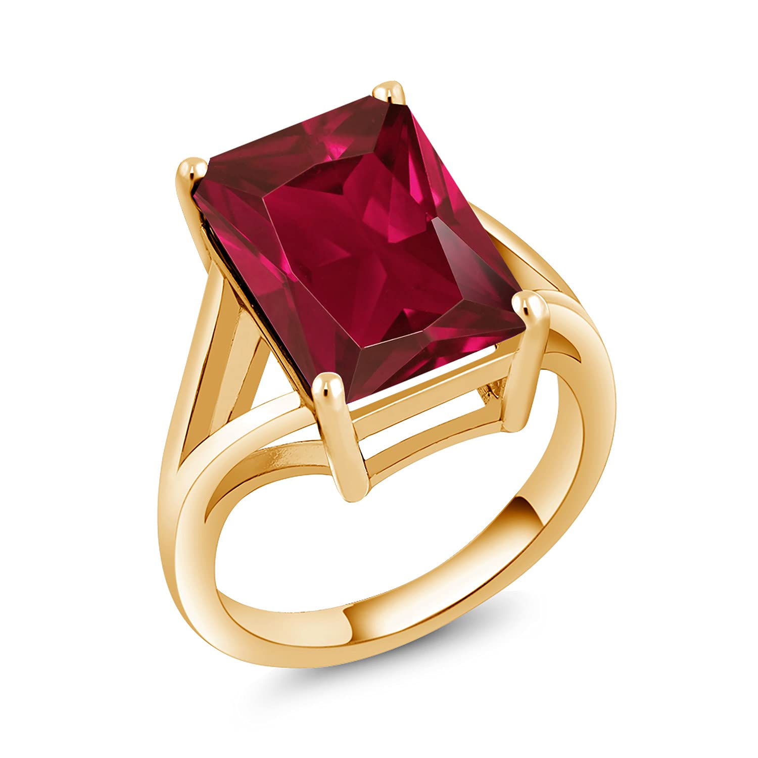 Emerald Cut Created Ruby 18K Yellow Gold Plated Silver Solitaire Ring (8.00 Cttw Available 5,6,7,8,9)