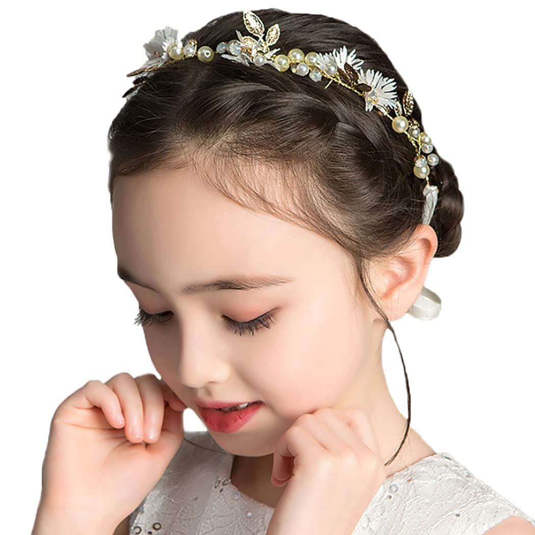 Woeoe Crystal Princess Wedding Headpiece Pearl Gold Flower Bride Hair Vines Rhinestone Leaf Bridal Hair Accessories for Flower Girls