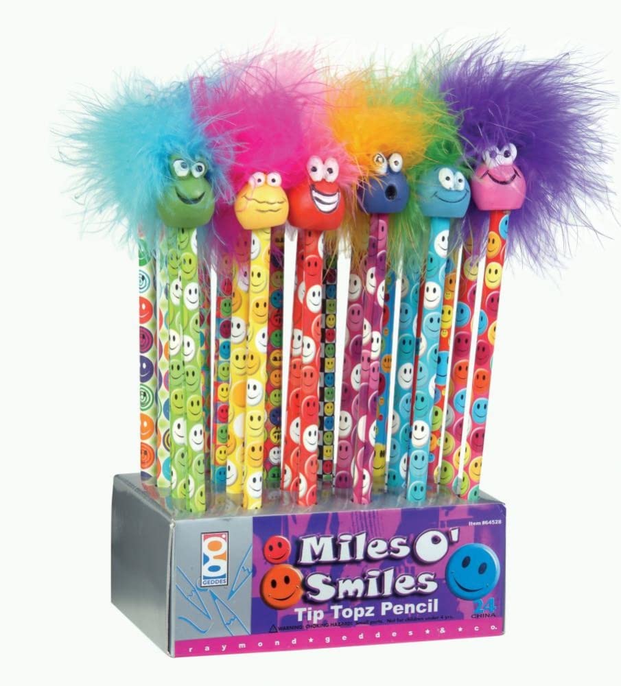 Raymond Geddes Miles O'Smiles Tip Topz Number 2 Pencils For Kids With Pencil Toppers (Pack of 24)