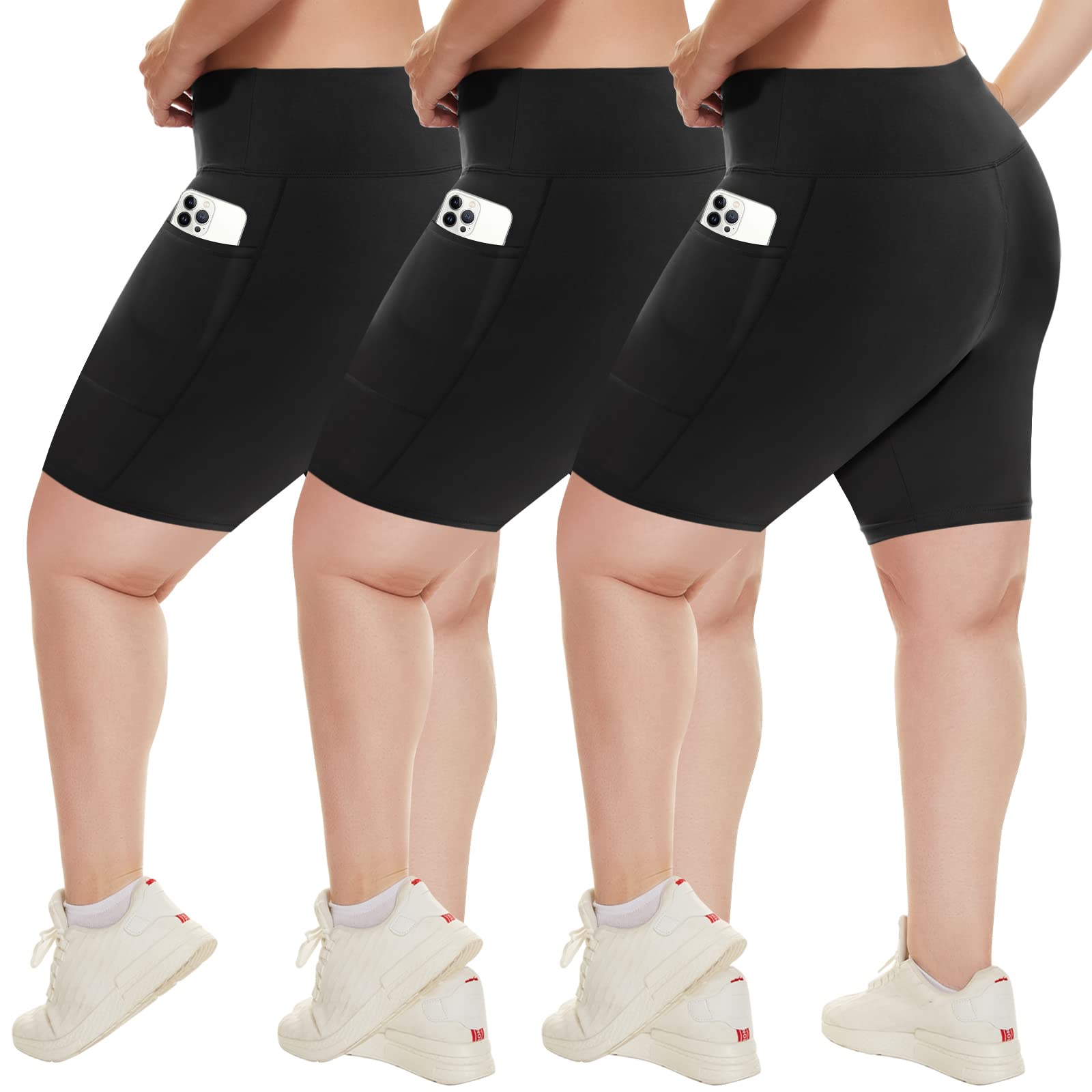 HLTPRO3 Pack Plus Size Biker Shorts with Pockets for Women - 8" High Waisted Spandex Athletic Bike Shorts for Yoga Workout