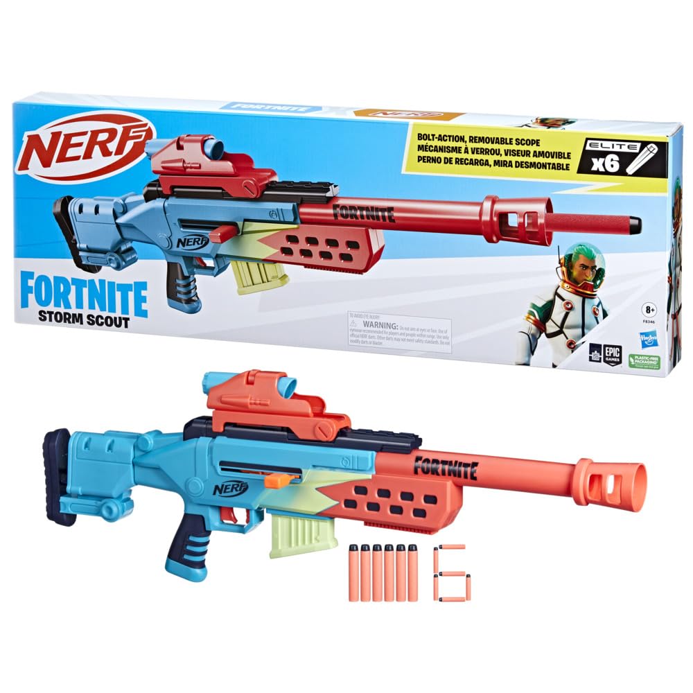 Nerf Fortnite Storm Scout Blaster, Removable Nerf Scope, 6-Dart Clip, 6 Elite Nerf Darts, Bolt Action, Nerf Blaster for Outdoor Games