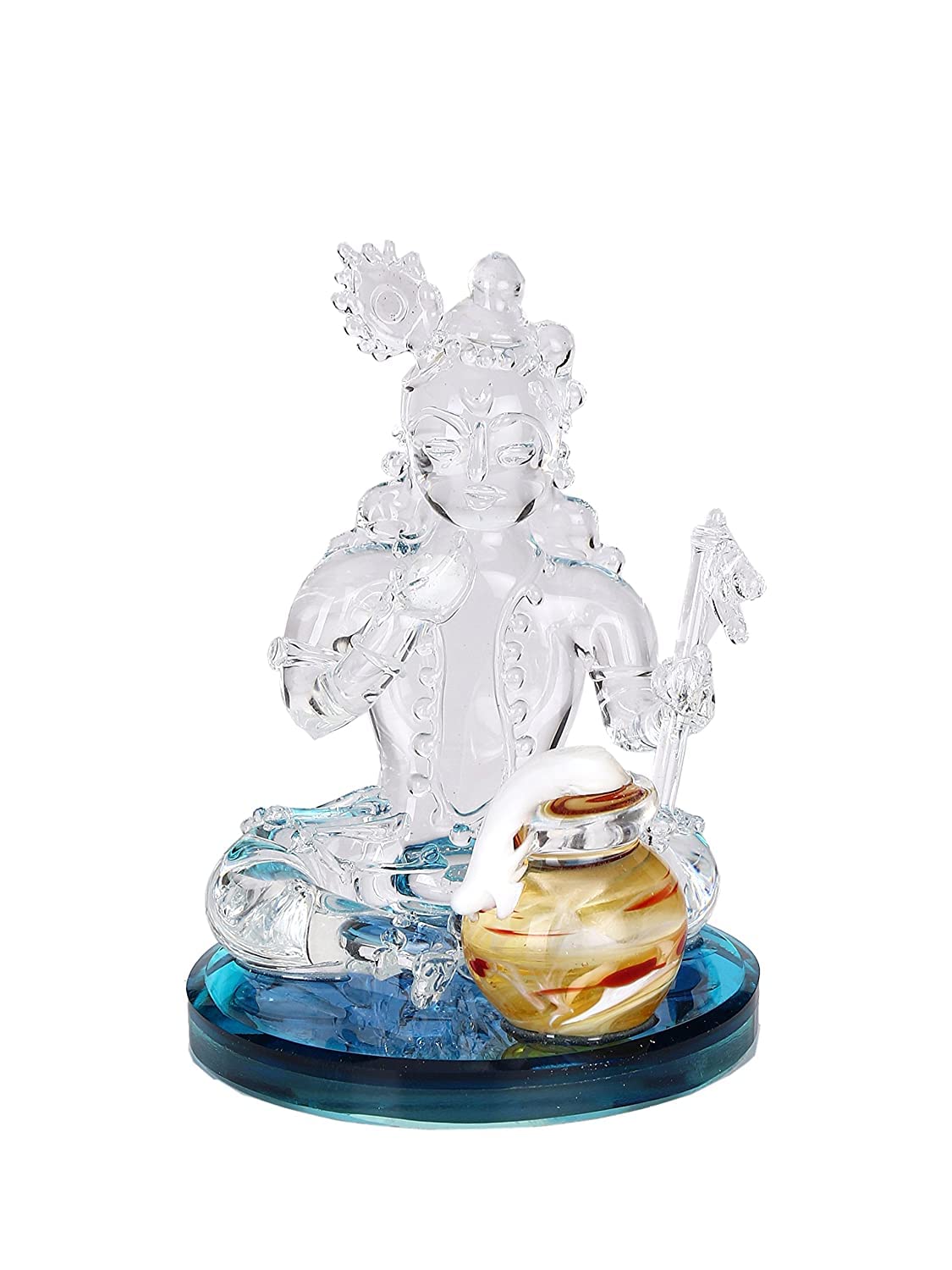 Somil Charming Natkhat Kanha Krishna Eating Butter from Pitcher with Five Finger Statue (Murti) Idol Shopiece Handmade of Crystal Glass