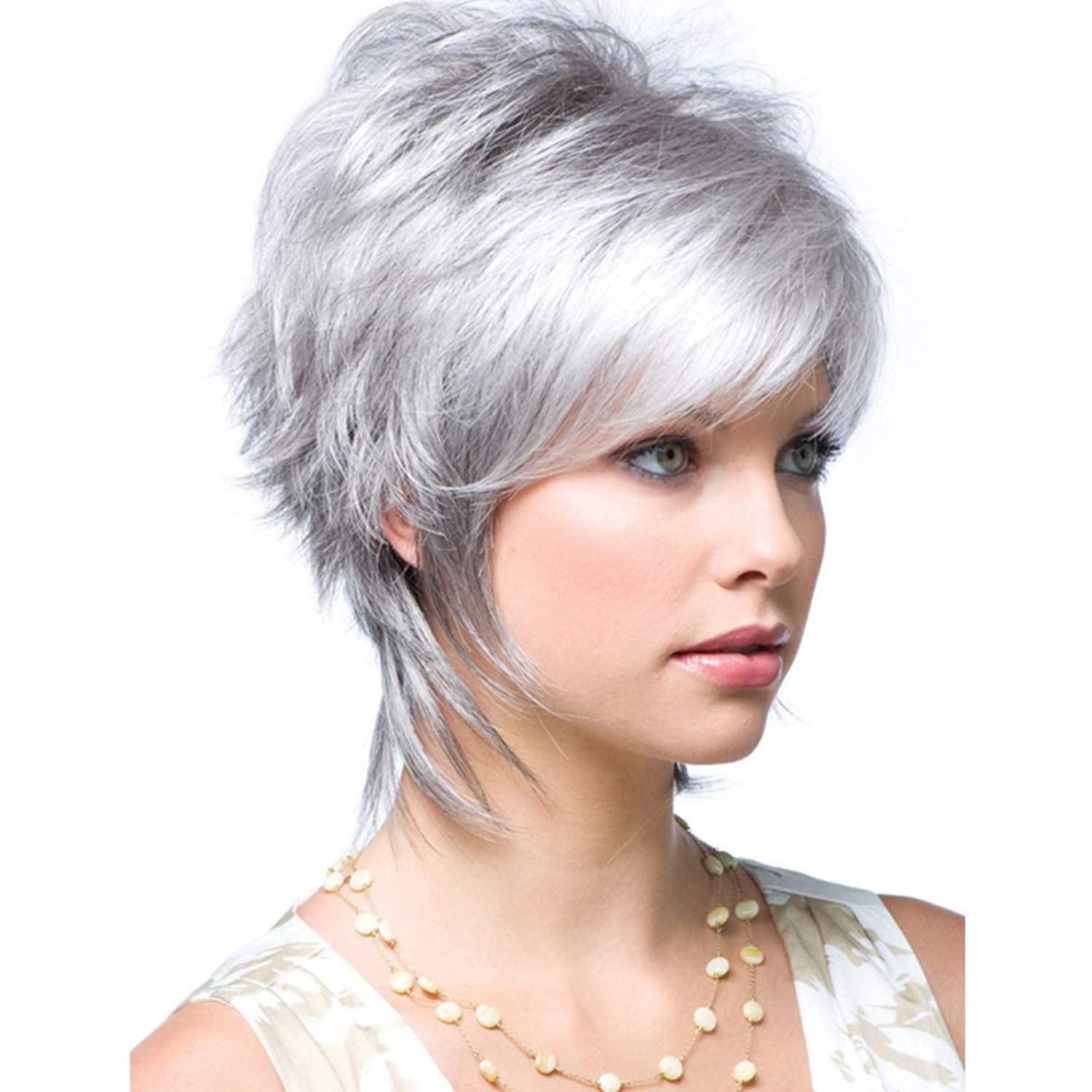 Gray Wigs for Women, Oblique Bangs, Fluffy Short Hair, Silver Gray Mullet Wigs for Women, Natural Hair for Daily Use, Suitable for Middle-Aged Women and Girls