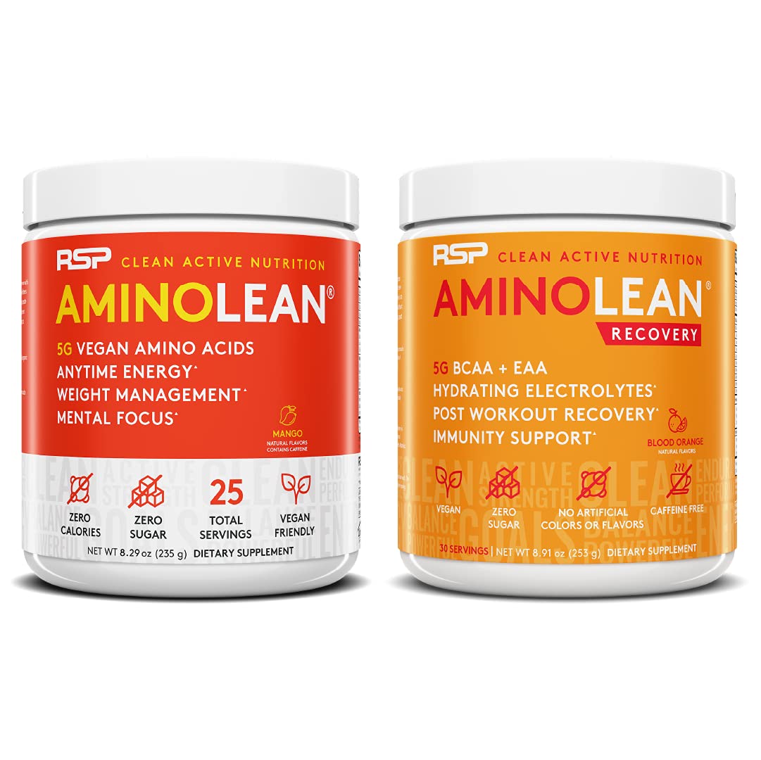 RSP NUTRITIONVegan AminoLean Pre Workout Energy (Mango 25 Servings) with AminoLean Recovery Post Workout Boost (Blood Orange 30 Servings)