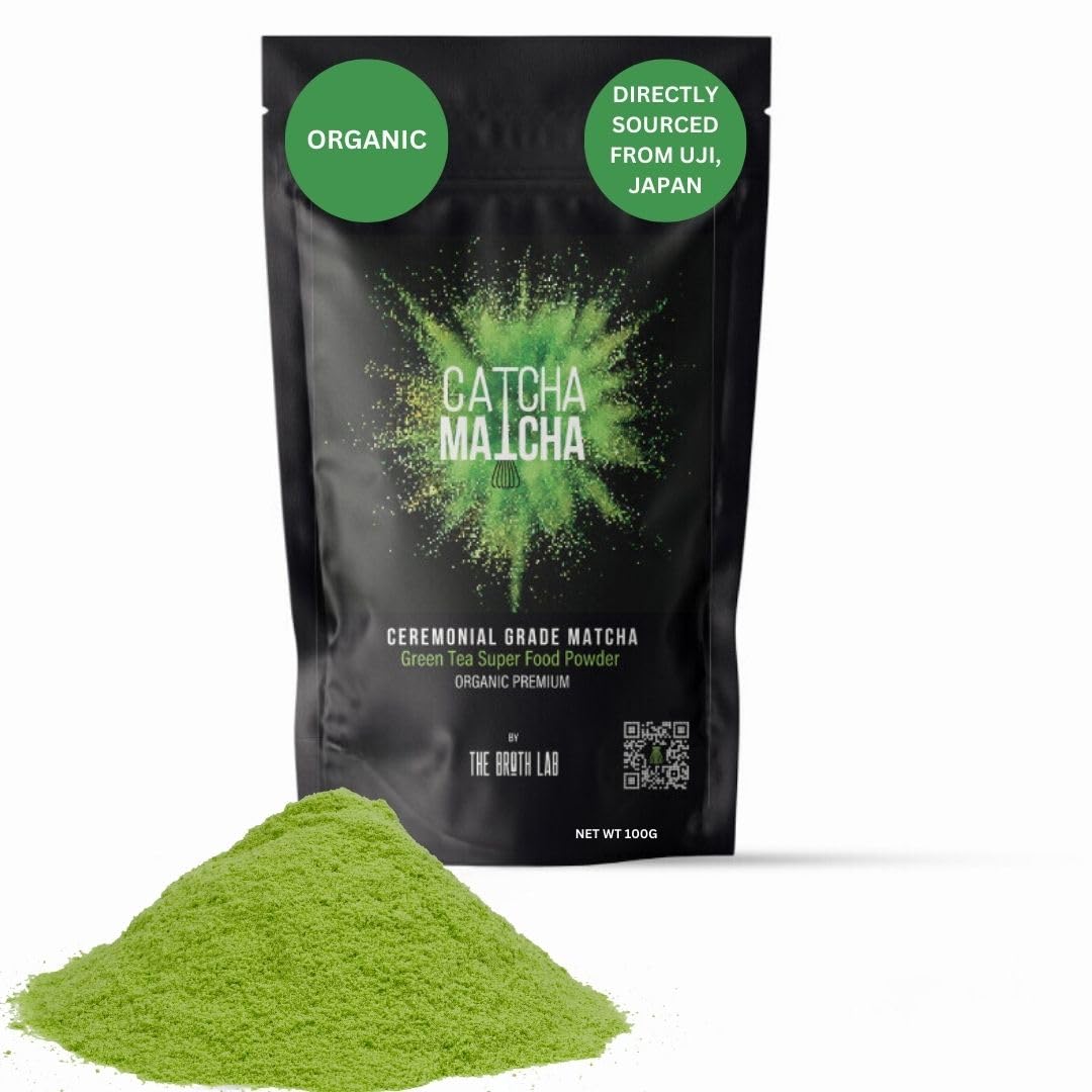 The Broth Lab Catcha Matcha Premium Organic Matcha Powder Authentically Japanese Ceremonial Grade Green Tea Super Food Antioxidant Rich Gluten Free Vegan (100 Grams)