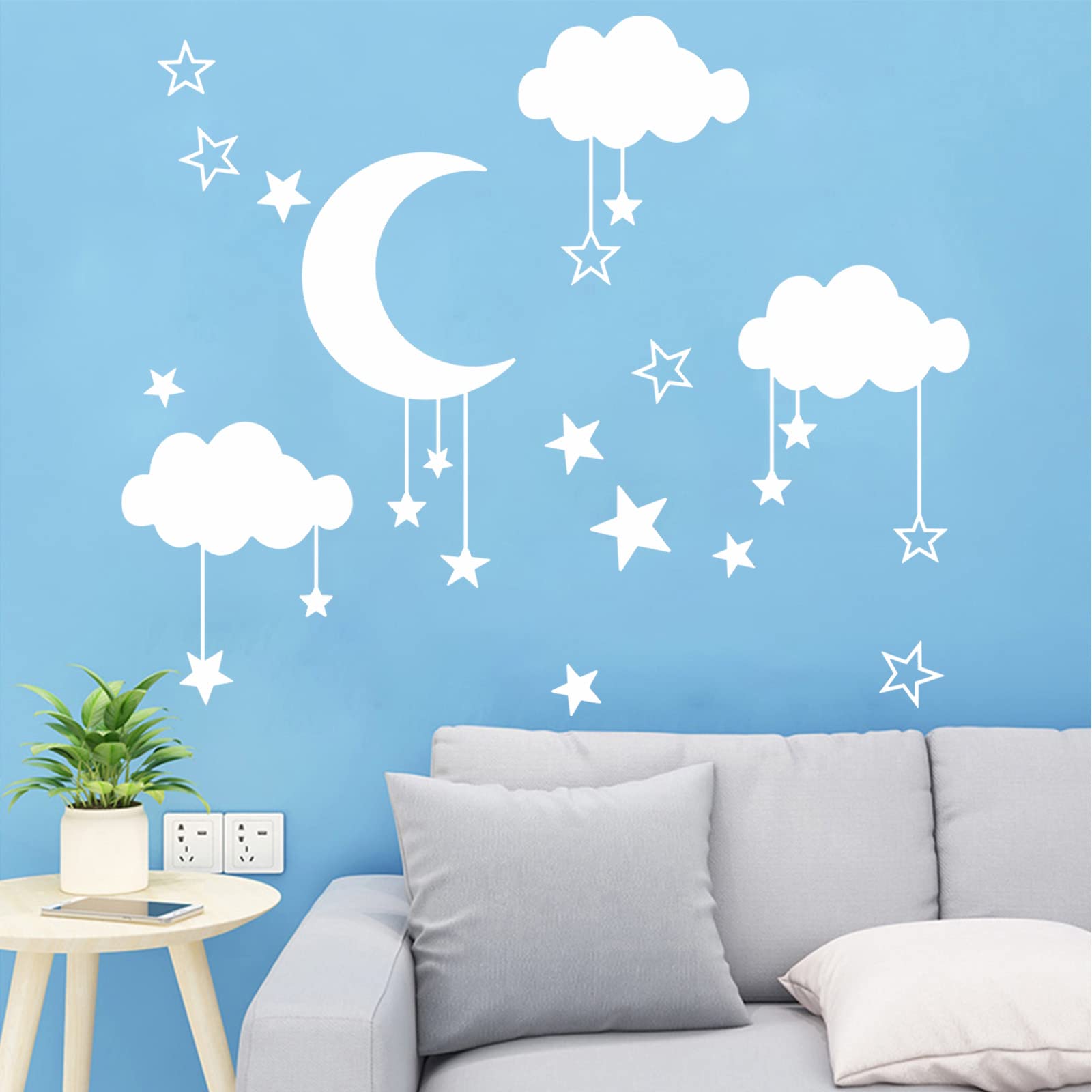 Quanyuchang Big Clouds Stars Wall Decals Art DIY Good Night Nursery Decor Removable Clouds Moon Stars Wall Stickers for Kids Nursery Bedroom Mural Decoration