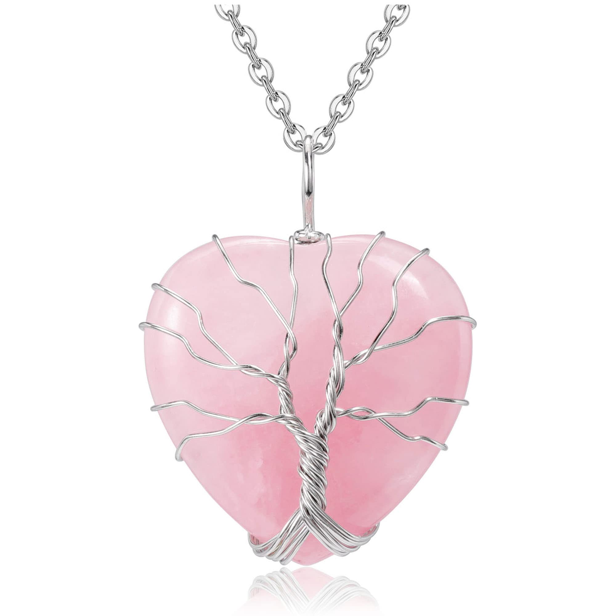 Top Plaza Natural Rose Quartz Healing Crytal Necklace Silver Life Tree Wire Wrapped Heart Shape Stone Pendant for Womens Girls Ladies