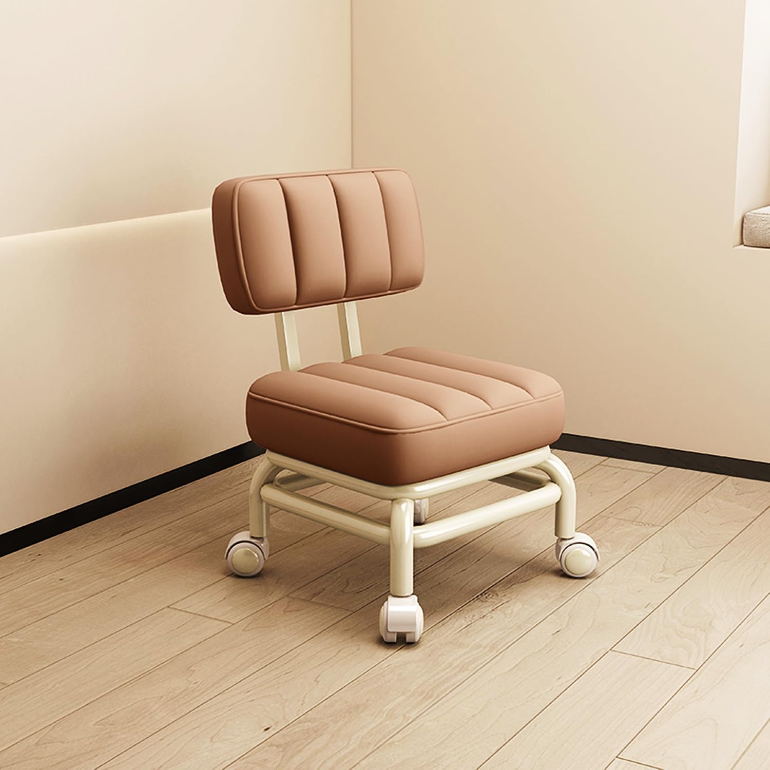 KEYOZA Low Rolling Stool Chair with Backrest, Short Roller Seat Chair, 360° Rotating Pedicure Stool for Home, Small Roller Stool with Wheels, Leather Little Low Small Stools On Wheels (Beige)