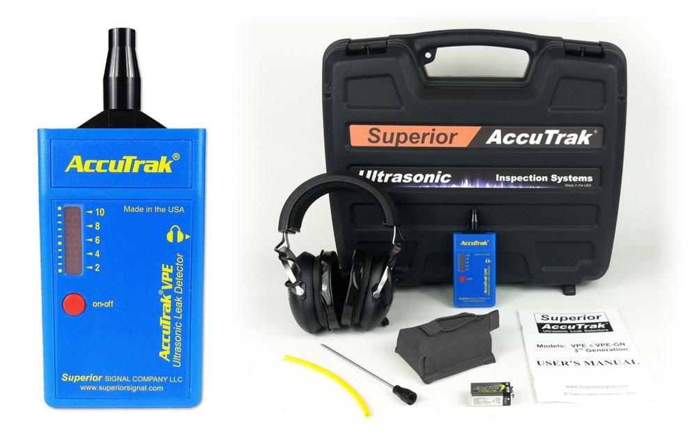 Superior AccuTrak VPE-PRO Ultrasonic Leak Detector Kit + New Canvass Belt Pack. Find Pressure OR Vacuum Leaks of Any Gas, Even in Noisy Areas. Adjustable Sensitivity. Noise-Blocking Headphones.