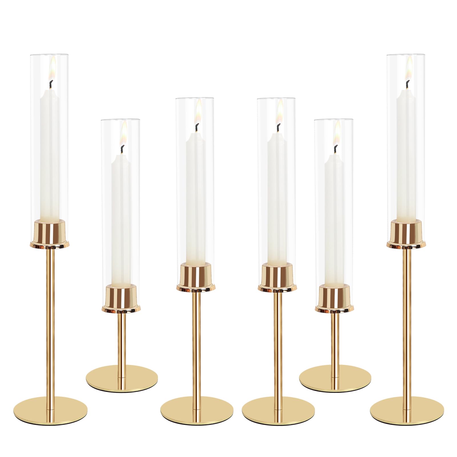 Gold Hurricane Candle Holder, Tall Glass Candle Stand with Set of 6, Brass Candlestick Holders for Wedding Party Birthday Centerpiece Table Decor