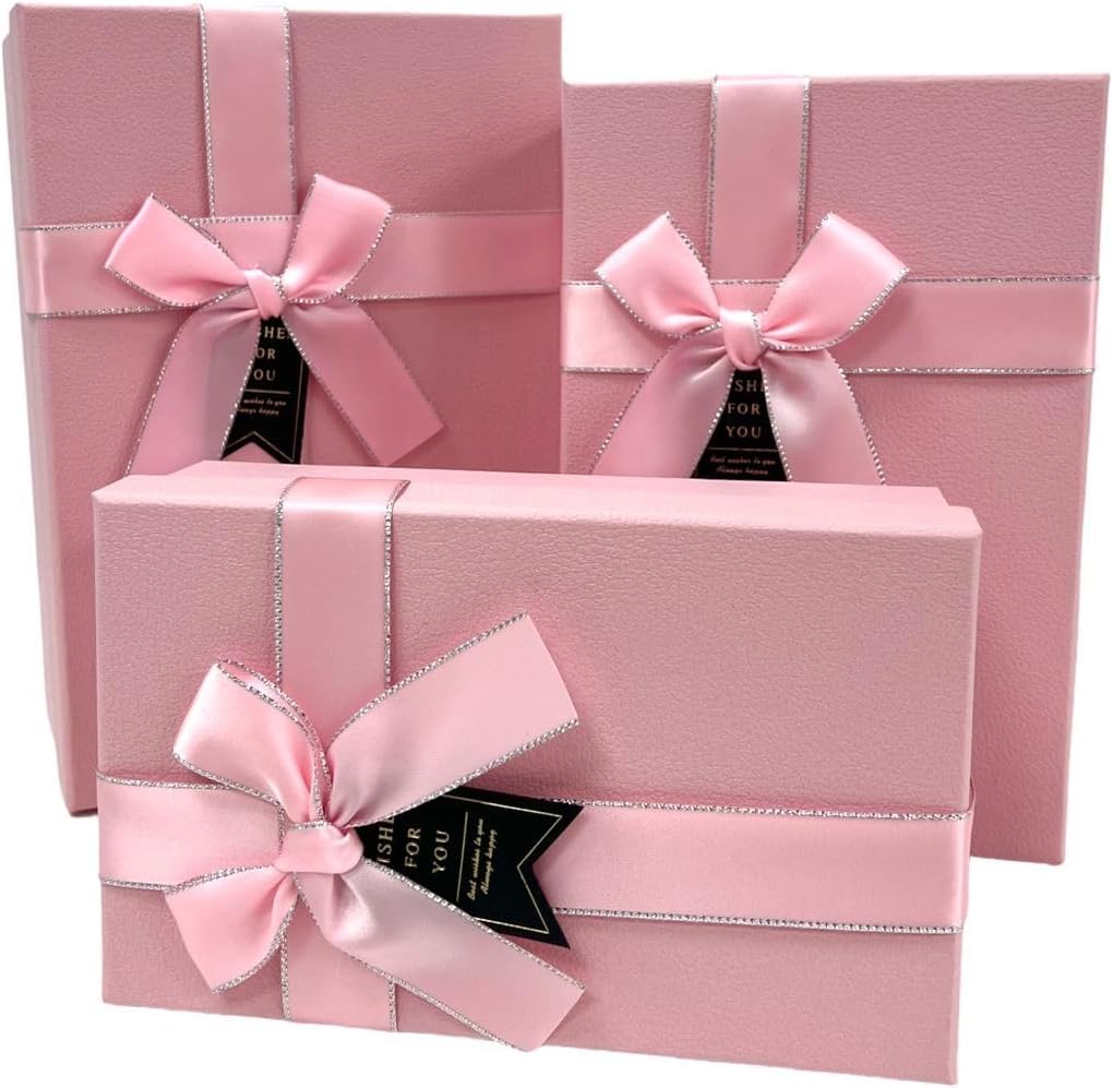 Delopik Luxury Gift Box 3pcs set with Lid for Presents with Ribbon for New Year Wedding Eid Birthday Father's Day Presents Display and Packging FR62-1(pink)