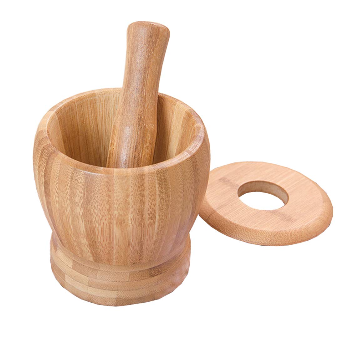 Bamboo Mortar and Pestle Set with Lid Spice Grinder kitchen Cooking Tools for Herb Spice Mixing Grinding Bowl Kitchenware