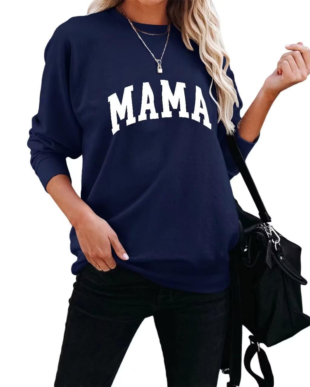 DressmineMama Women's Round Neck Long Sleeve Raglan Sweatshirt Casual Print Navy X-Large, Navy blue, XL