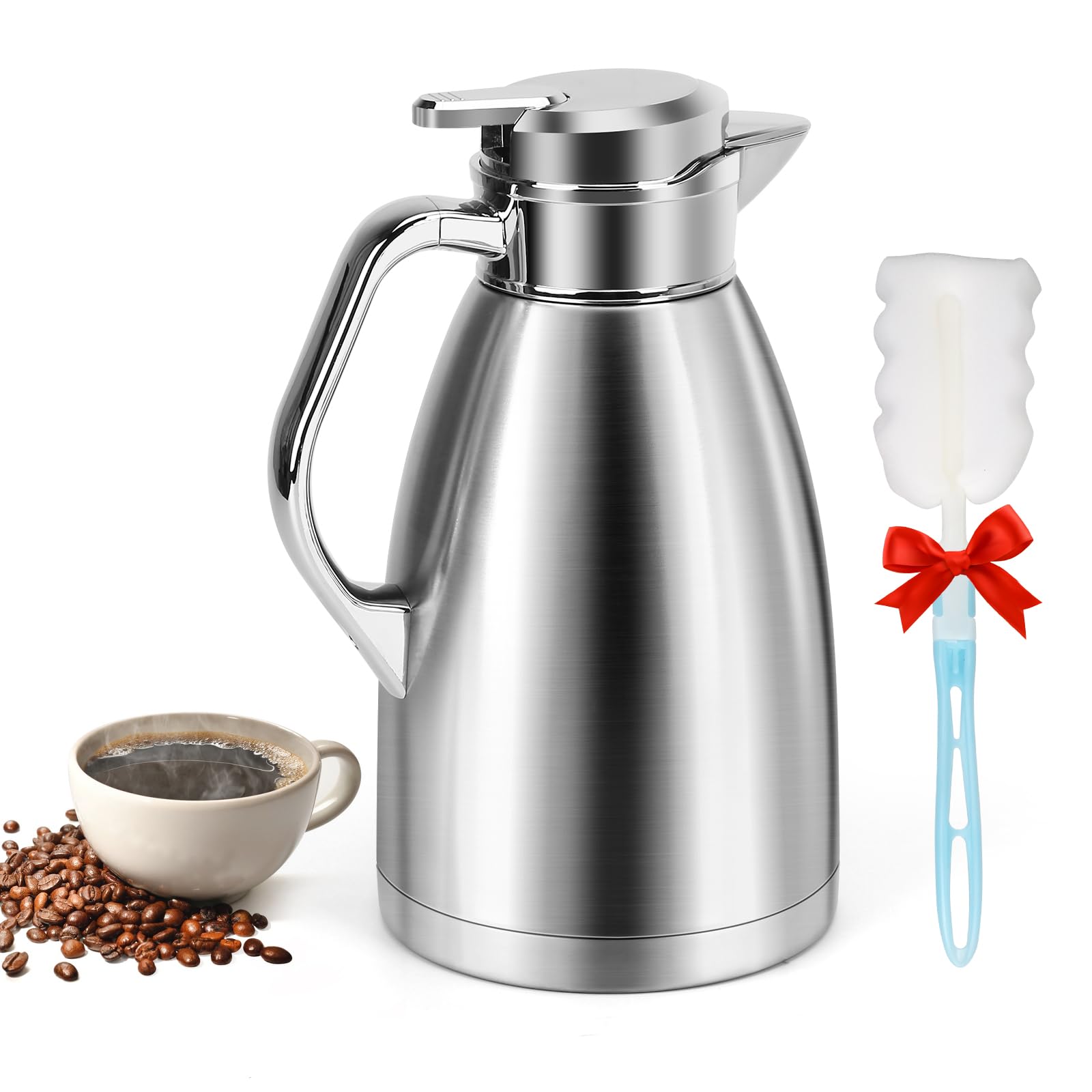 Coffee Carafes for Keeping Hot, ShineMe Stainless Steel Thermal Coffee Carafe with Cleaning Brush, Double Walled Vacuum Coffee Thermos，61oz Insulated Tea & Coffee Dispenser, Long Heat/Cold Retention