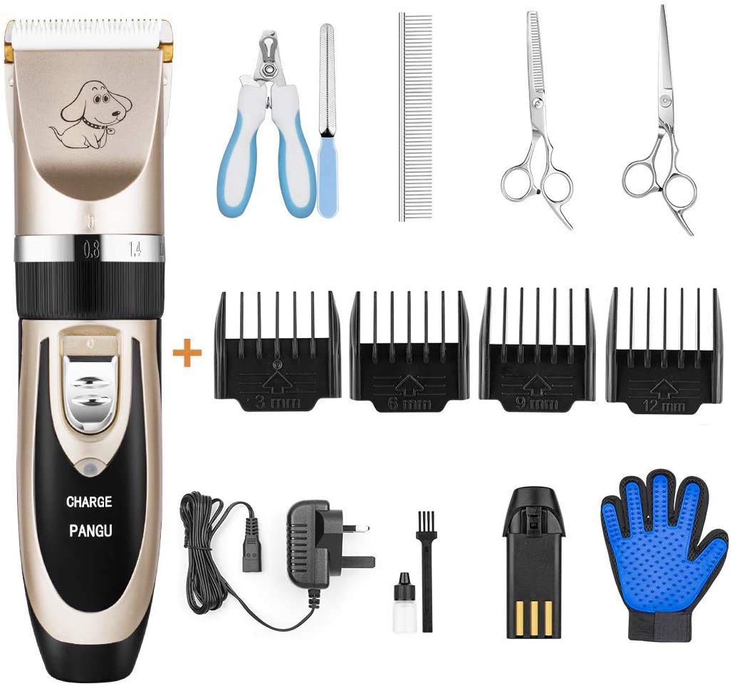 PANGU Dog Clippers Professional Pet Grooming Kit Low Noise, Rechargeable Pet Shaver Cordless Silent Dog Hair Trimmer with Scissors Comb Glove Best Hair Clipper for Dogs Cats Pets Gold