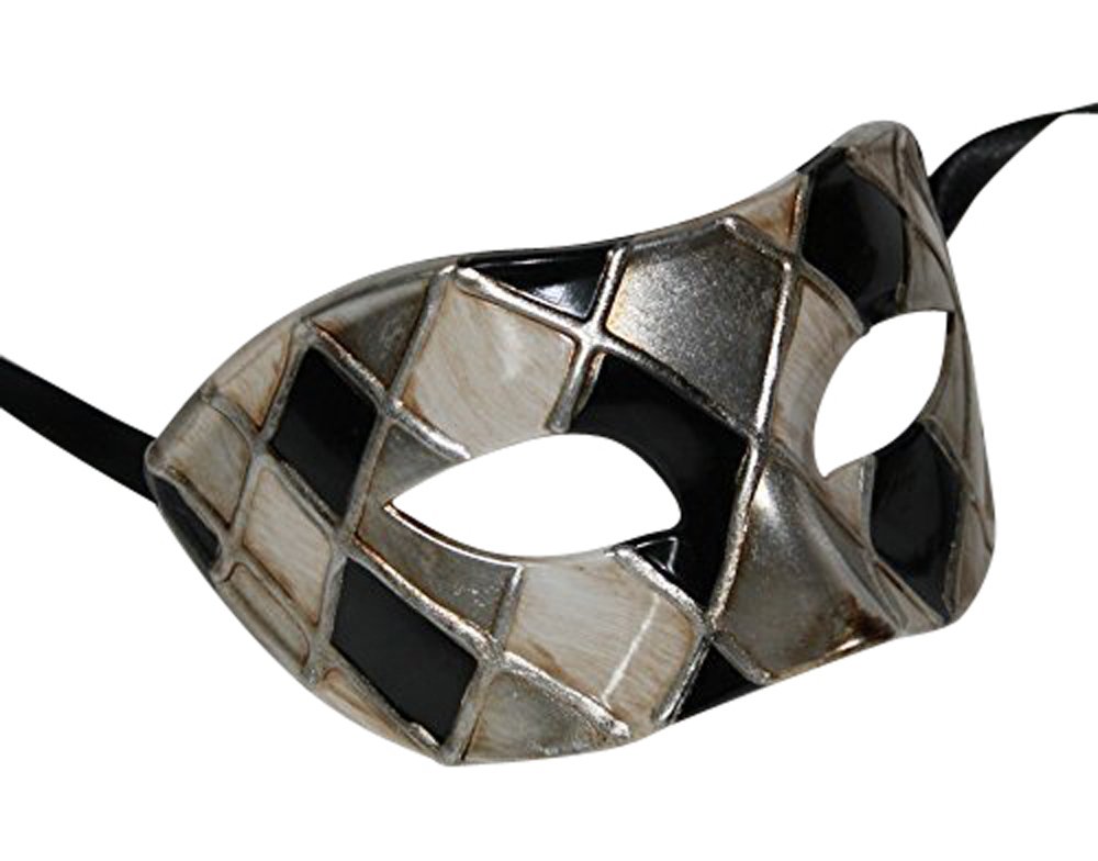 The Good Life Harlequin Design BLACK & ANTIQUE SILVER/GOLD Quality Venetian Masquerade Carnival Ball Party Eye Mask