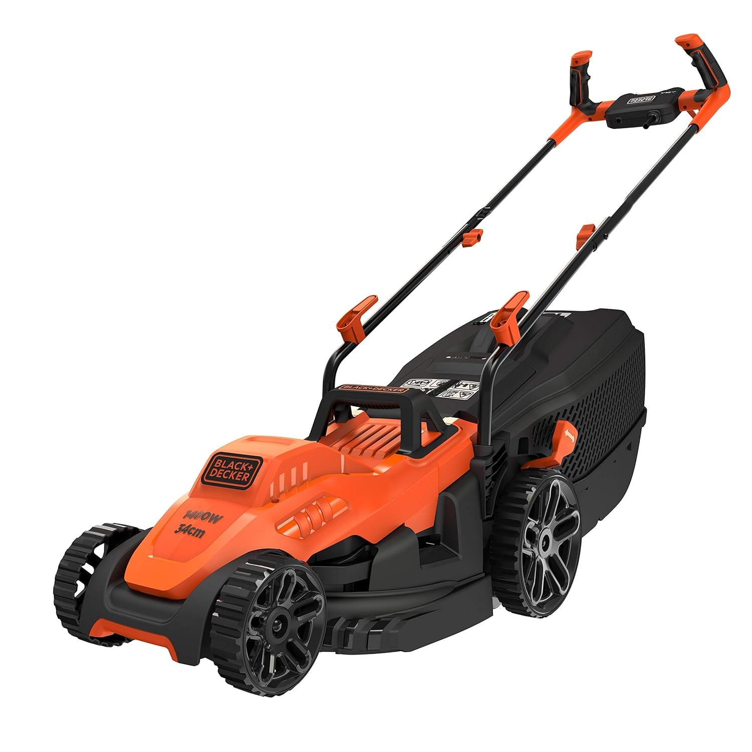 Black & Decker 1400W 34cm Lawn Mower with Bike Handle for Lawn & Garden, Orange/Black - BEMW461BH-GB, 2 Years Warranty