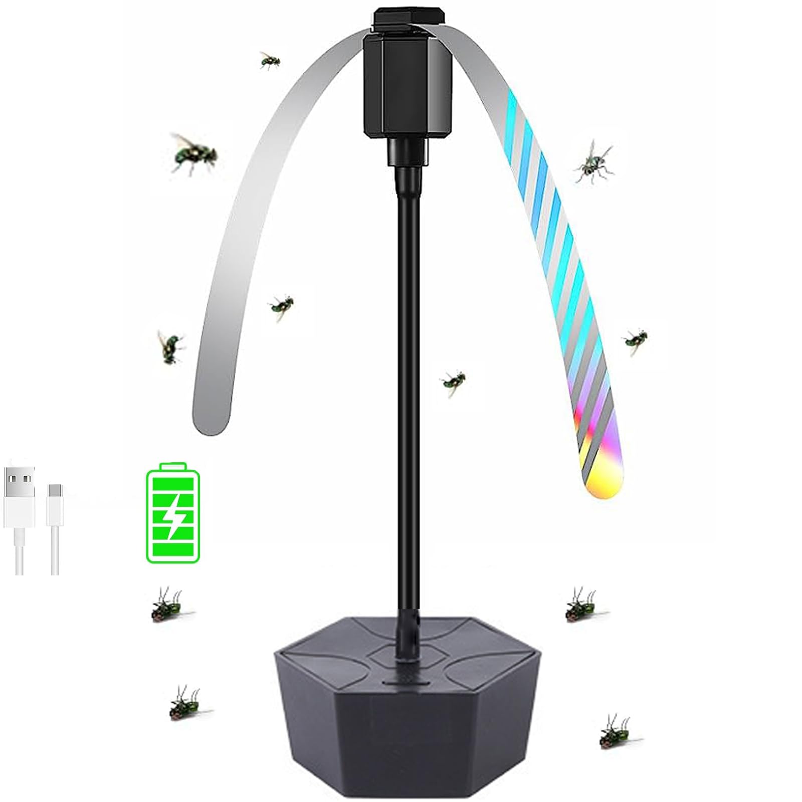 Fly Fans for Tables Rechargeable, Fly Fans for Food, Portable Table Keep Flies Away Flexible Fly Repellent, Fans for Outdoor Table Top Fly Fan with Holographic, Food Spinner, Blades Outside, Picnic