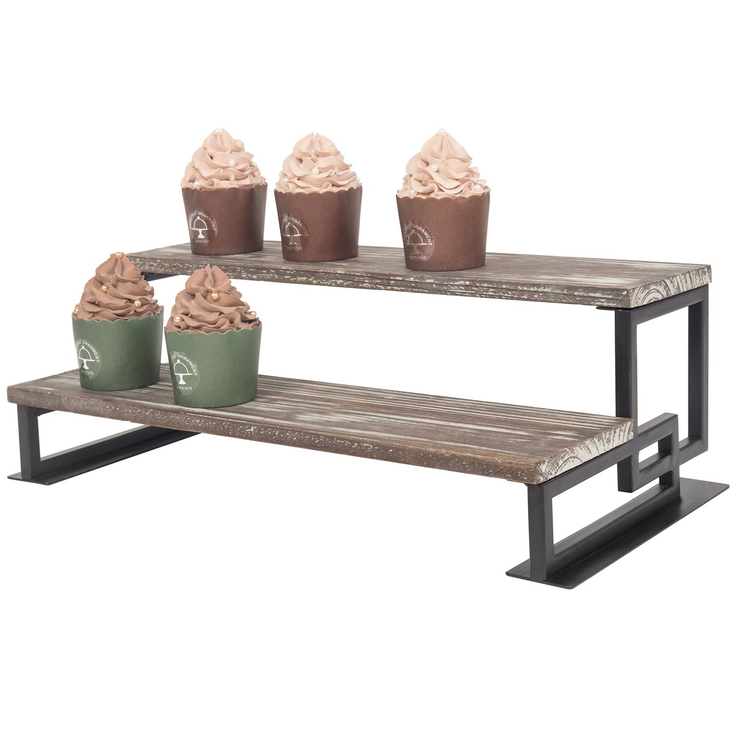 MyGift 2-Tier Torched Wood and Metal Dessert Display Riser