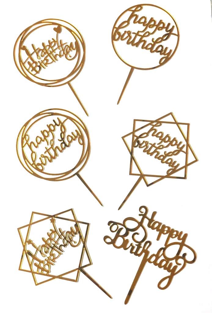 Bake Planet.com cake Supplies Planet - 6 pcs Golden Happy Birthday Topper for Birthday Decoration/Happy Birthday Decoration Item - Pack of 6