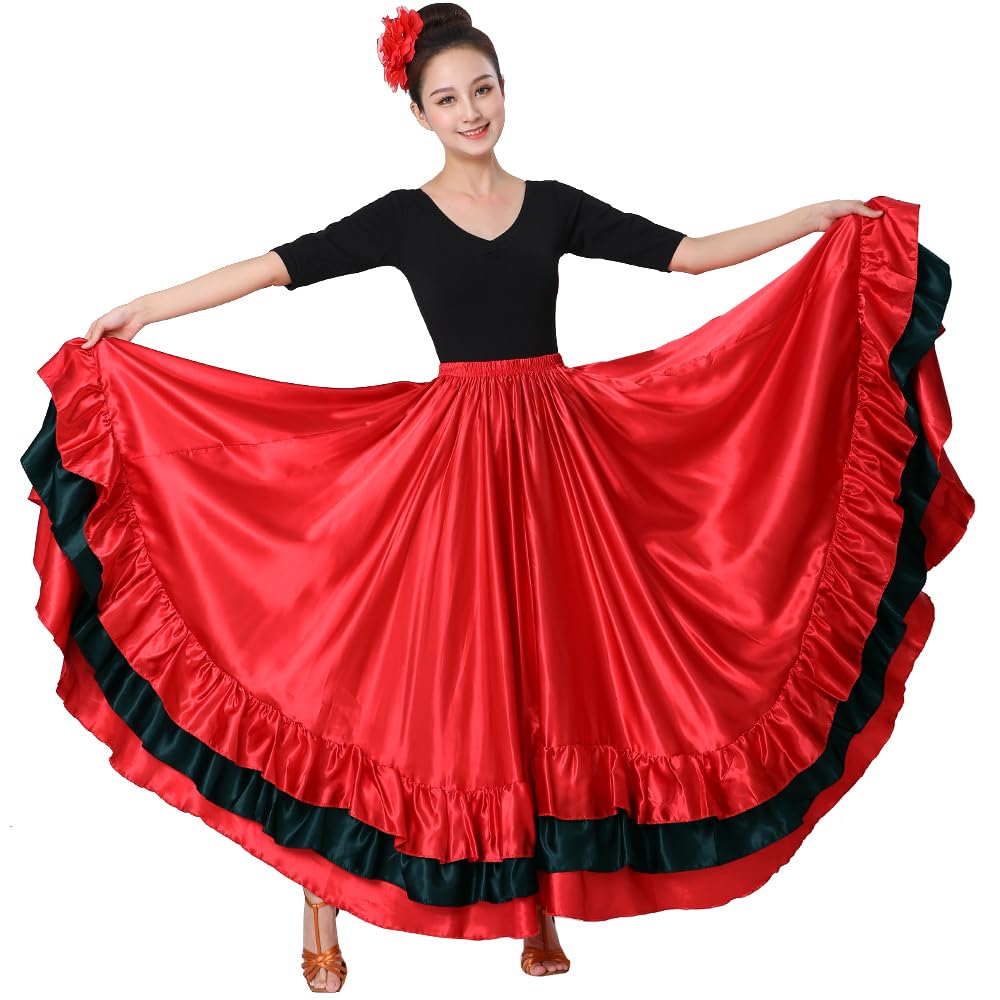 SANCAN Womens Ruffle Full Long Spanish Bull Folkloric Mexican Flamenco Bomba y Plena Skirt Flowy Dancing Dress Costume