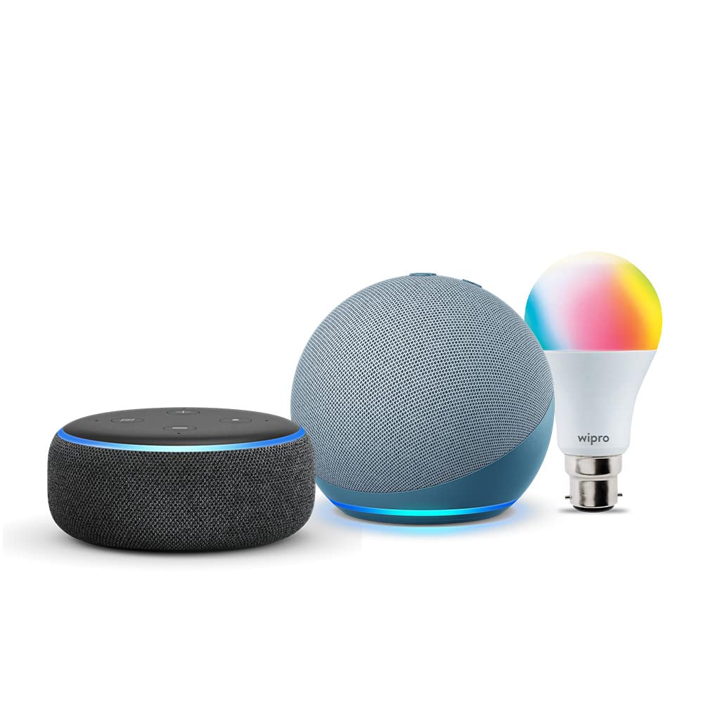 Echo Dot (3rd Gen, Black) and Echo Dot (4th Gen, Blue) combo with Wipro 9W LED smart Bulb