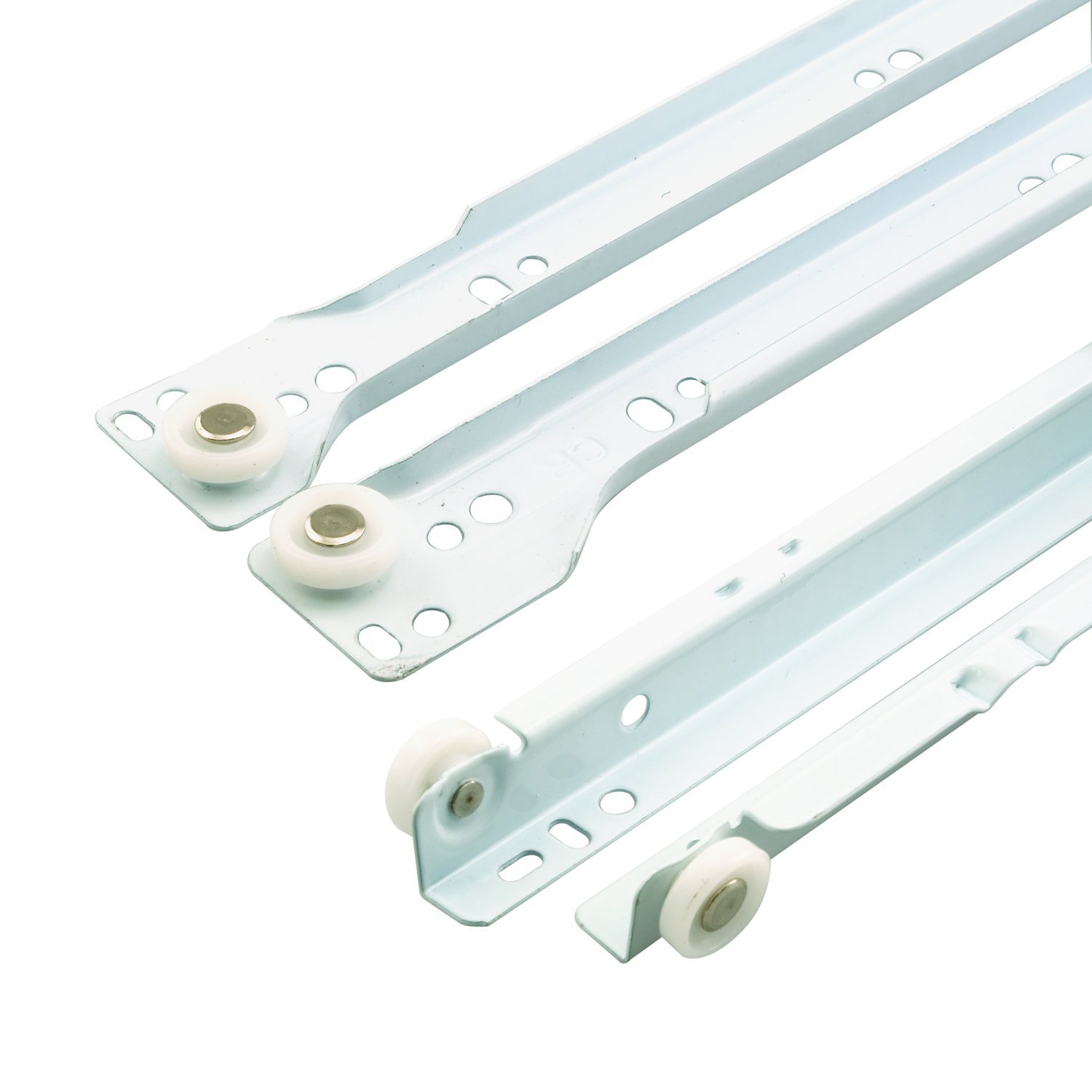 Prime-Line MP7211 Drawer Slide Kit – Replace Drawer Track Hardware – Self-Closing Design –Fits Most Bottom/ Side-Mounted Drawer Systems –17-3/4 In. Steel Tracks, Plastic Wheels, White (1 Pair)