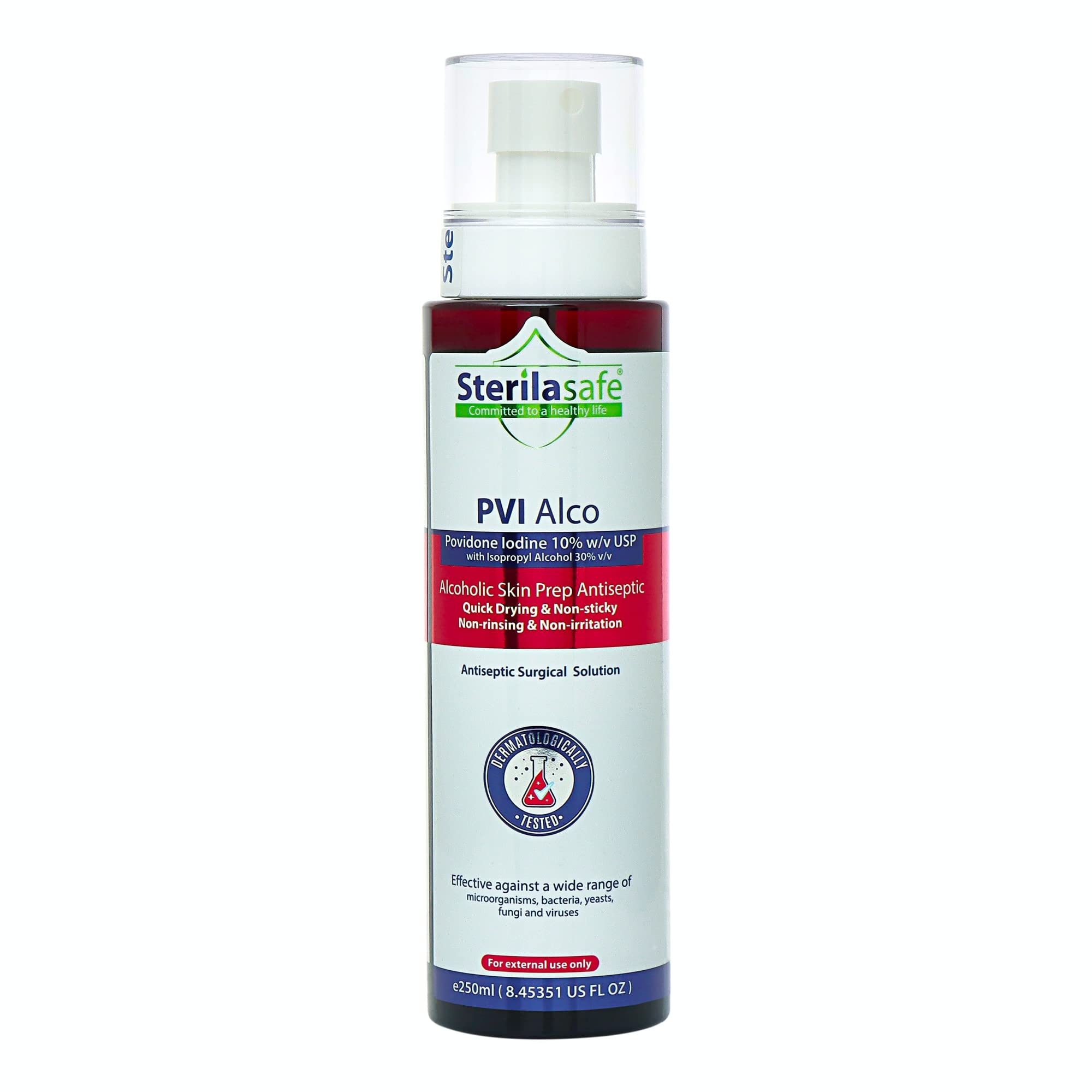 Sterilasafe PVI Alco Povidone Iodine 10% USP with Isopropyl Alcohol 30%, Antiseptic Surgical Solution, 250 ML