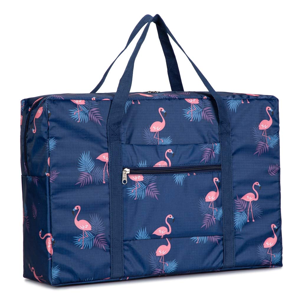 PAXLAMBCarry-on Bag Foldable Flight Bag Travel Duffel Bag Travel Luggage Bag Lightweight Travel Luggage Duffle Tote Bag Waterproof Luggage Organizer Storage (Navy Blue Flamingo)