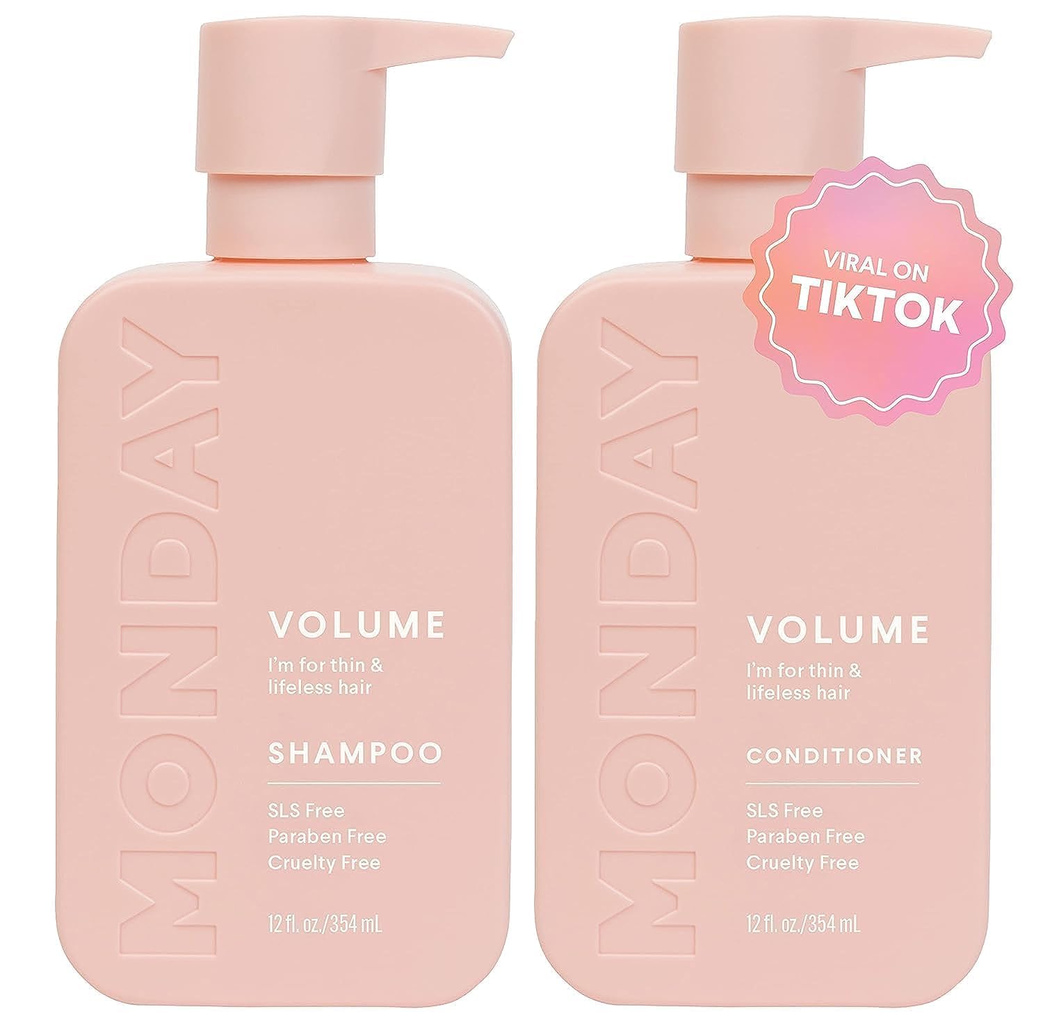 MONDAY HAIRCARE Volume Shampoo + Conditioner Set (2 Pack) 12oz Each for Thin, Fine, and Oily Hair, Made from Coconut Oil, Ginger Extract, and Vitamin E, 100% Recyclable Bottles Pink