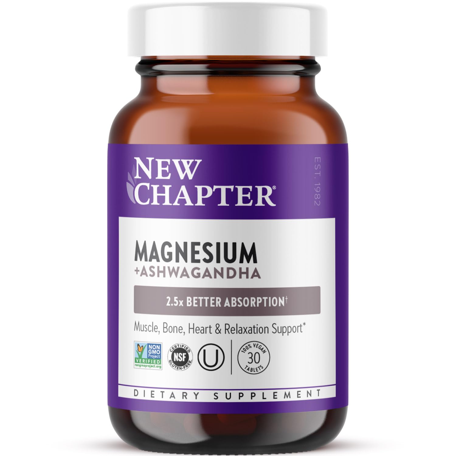 New Chapter Magnesium, New Chapter Magnesium + Ashwagandha Supplement, 2.5X Absorption, Muscle Recovery, Heart & Bone Health, Calm & Relaxation, Gluten Free, Non-GMO - 30 ct