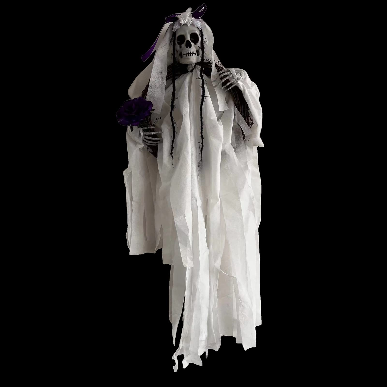 QENETY Hanging Ghost Skeleton Wreath, Halloween Hanging Ghost Decorations, Wreath Skull Ghost Hanging Horror Wreath Gothic Skeleton Scary Party Props for Wall Door Ceiling Yard (White Bride)