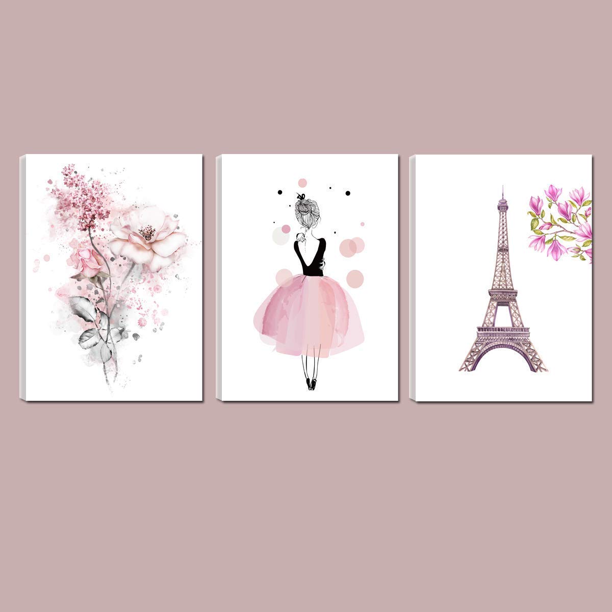 Jingtao Art Cute Pink Ballerina Dancer Girl Prints Paris Tower Flower Canvas Art Prints for Bedroom Playroom Wall Art Decor Prints Kids Girls Room Decoration,12x16inchx3 (Pink)