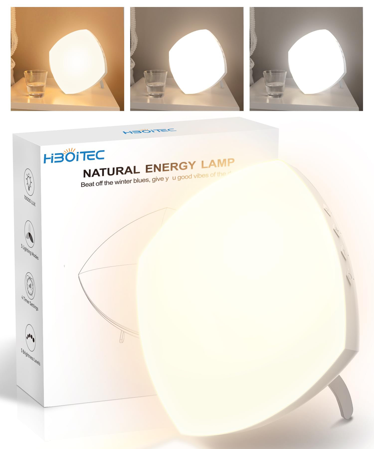 HIBOITEC Light Therapy Lamp, 10000 Lux UV-Free Therapy Light, LED Sunshine Light with 3 Color Temperature & 5 Adjustable Brightness Levels & 4 Timing & Memory Function, Sun Light Lamp for Home Office