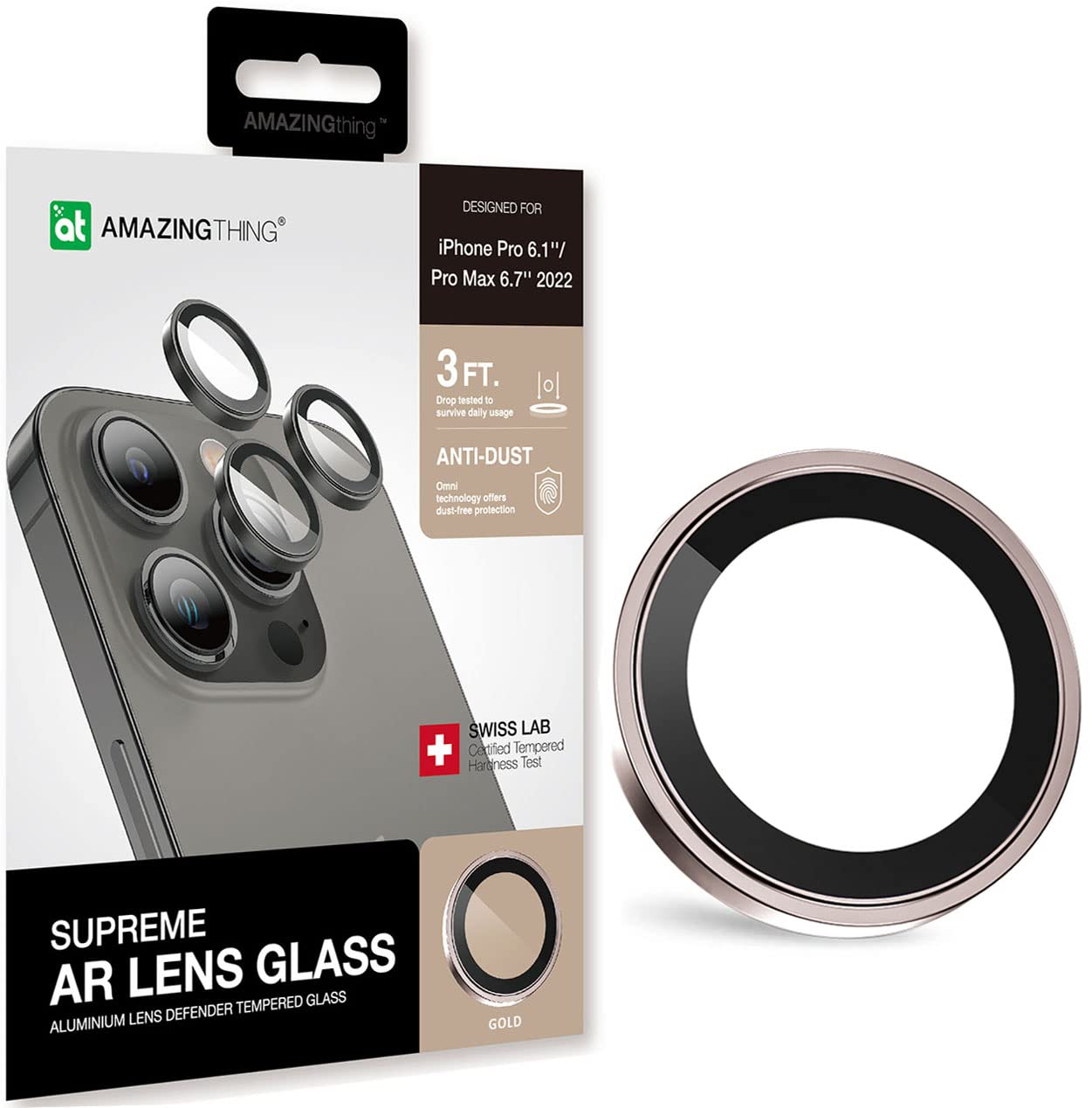 Amazing Thing iPhone 14 Pro and iPhone 14 Pro MAX Camera Lens Protector Supreme Tempered Glass Aluminum AR Lens Defender - Gold