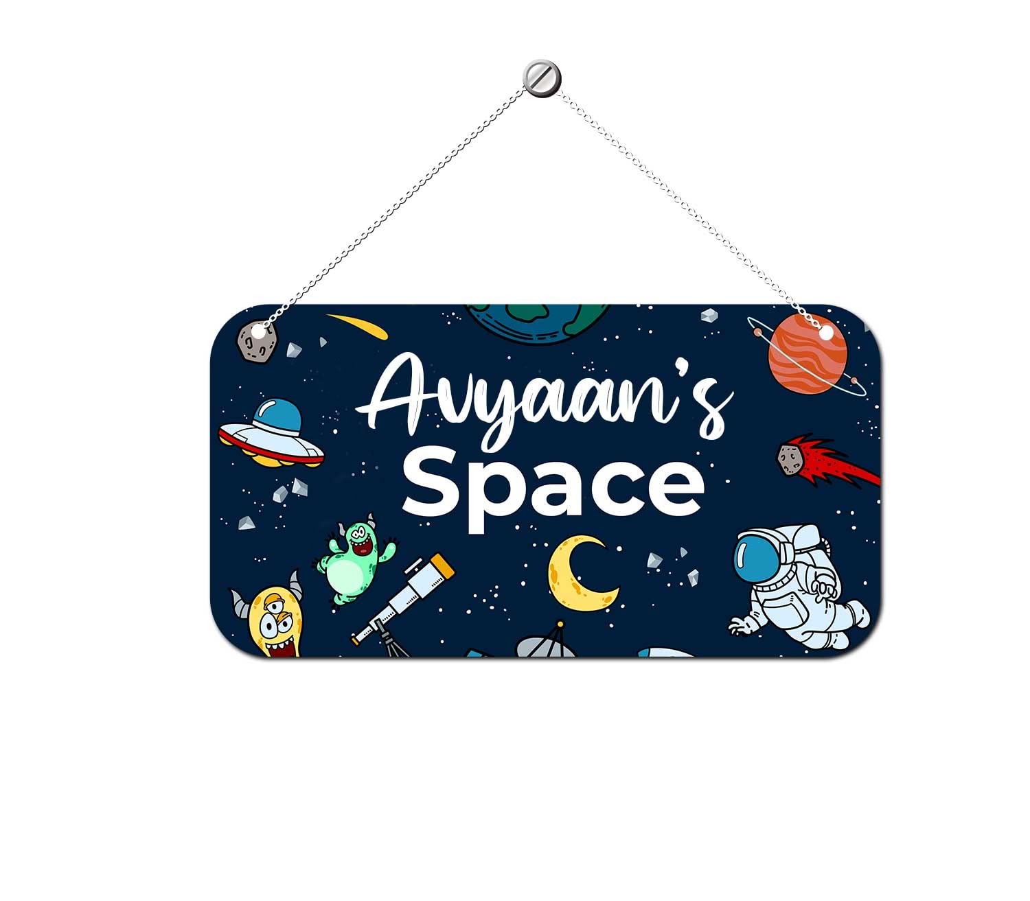 ASHVAH Space Theme Personalised Kids Name Plate Wall/Door Sign Kids Room Décor- Size :- 28 x 14 cm, Name - Avyaan