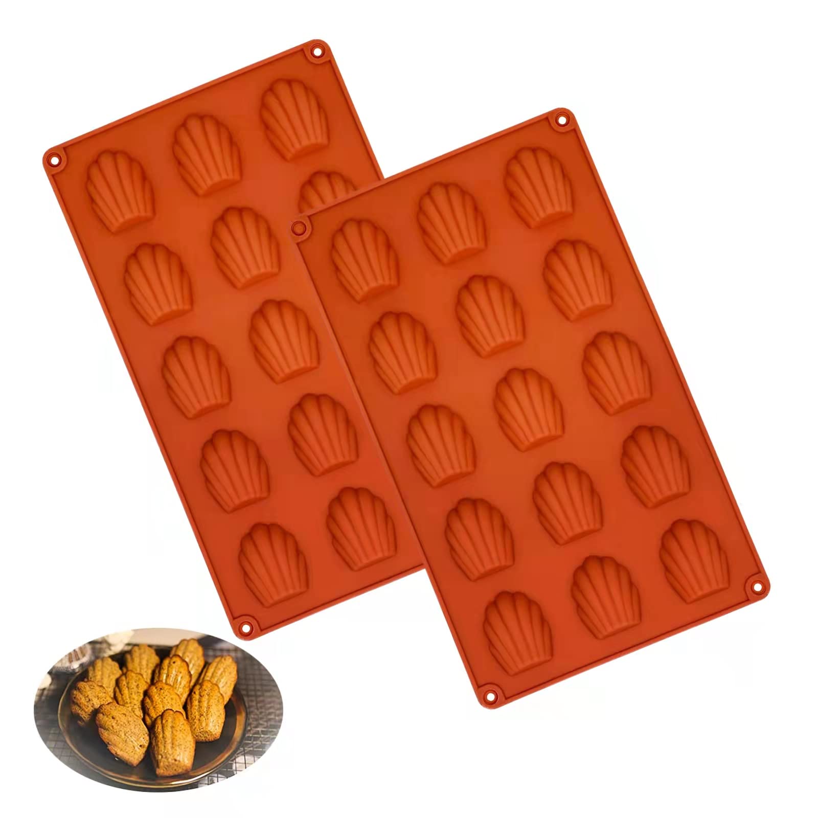 Mini Madeleines Baking Tray, Set of 2 Madeleine Tray, Madeleine Baking Mould, Non-Sticky Silicone Madeleine Mould, 15 Hole Cake Mould for Cake/Chocolate/Candy/Biscuits (Brick Red)