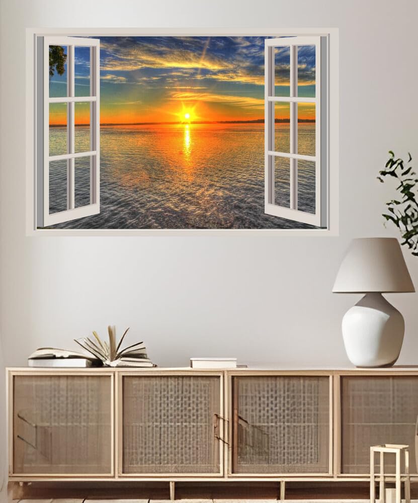 JVERF - JZZA35739 Sunrise Lake Water Scenic| Self-Adhesive Open Window Wall Sticker