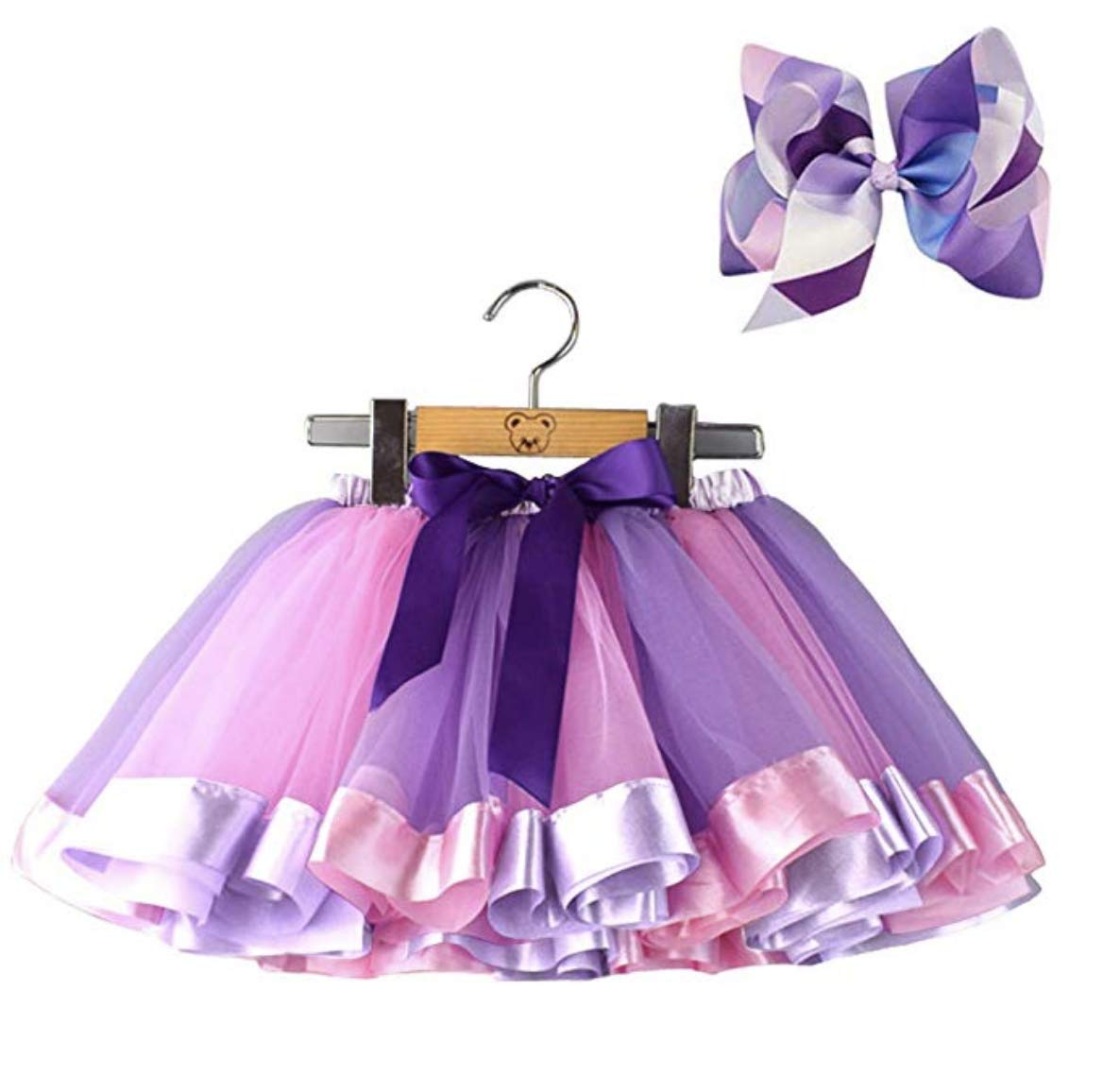 5-8 years old baby girl rainbow mini skirt skirt party costume dress 2 L-size skirts and bows, pink and multicolor, layered tulle polyester dress (purple, Rossi, blue and purple)