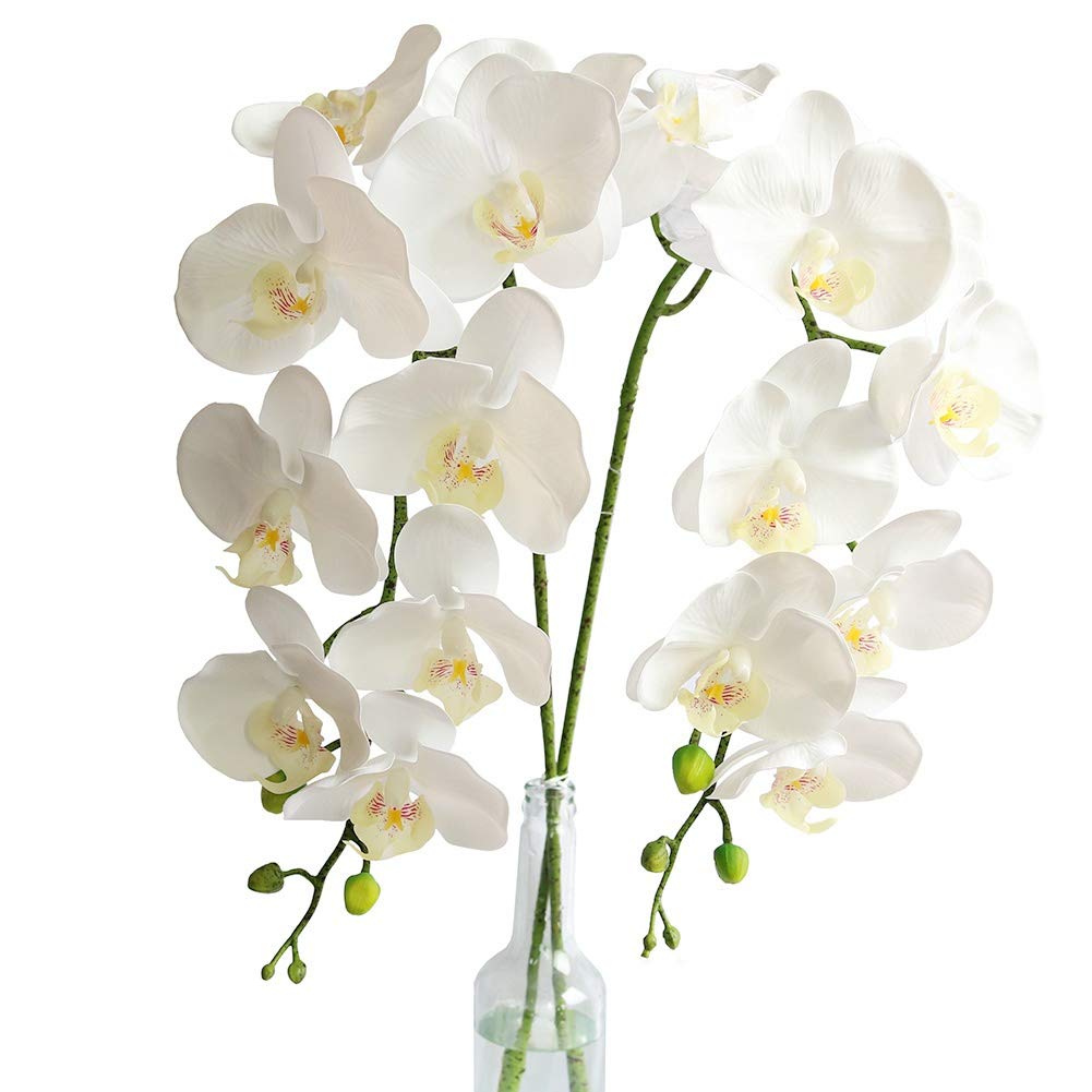 2pcs Real Touch Orchids Stems Artificial Flowers Fake Phalaenopsis Orchid for Table Centerpiece Home Kitchen Wedding Party Decoration … (White)