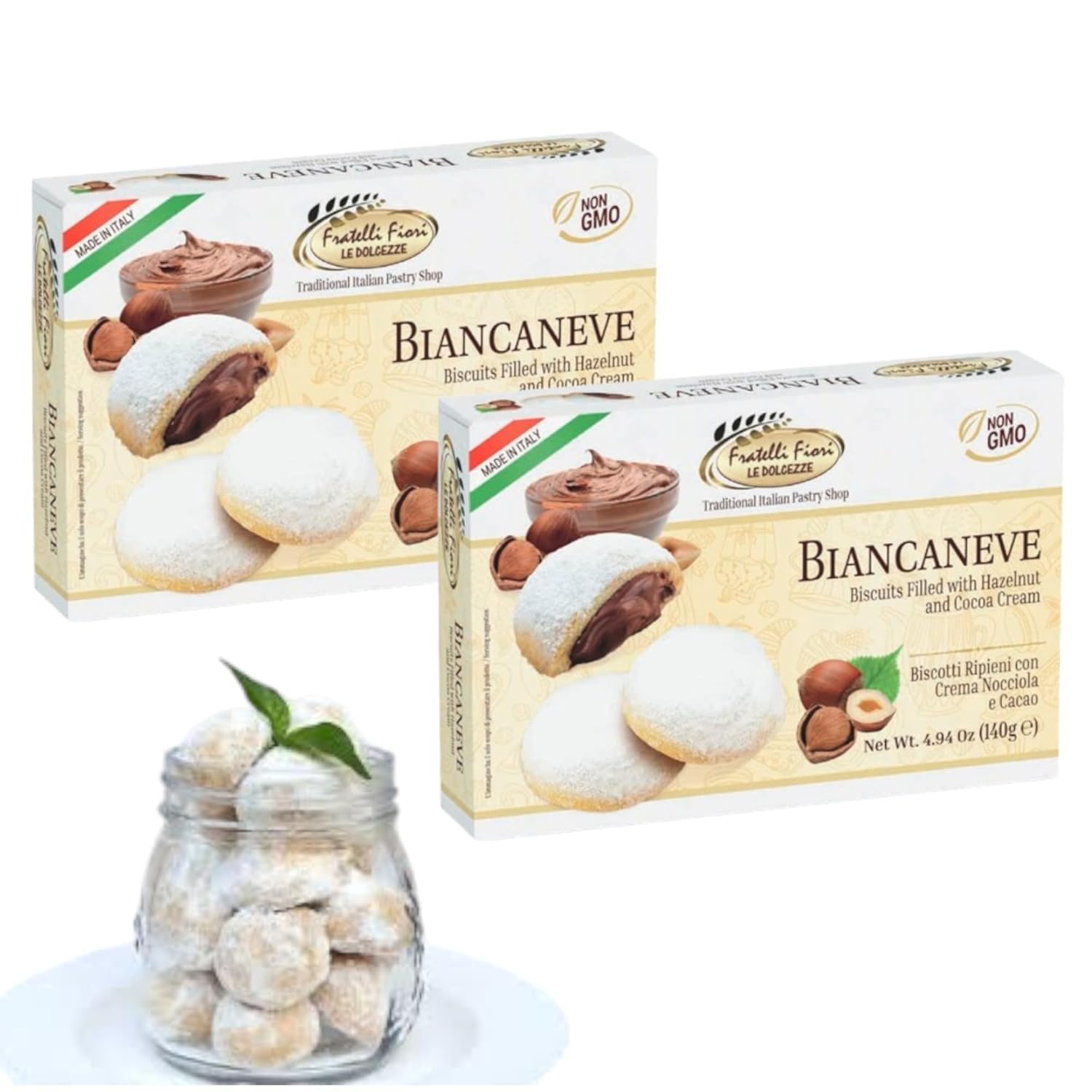 Fratelli FioriBiancaneve Snow White Soft Cookies - Luxurious Italian Dessert with Rich Hazelnut Filling - Buttery Shortcrust Pastry Ideal for Festive Occasions & Gifts - 2-Pack