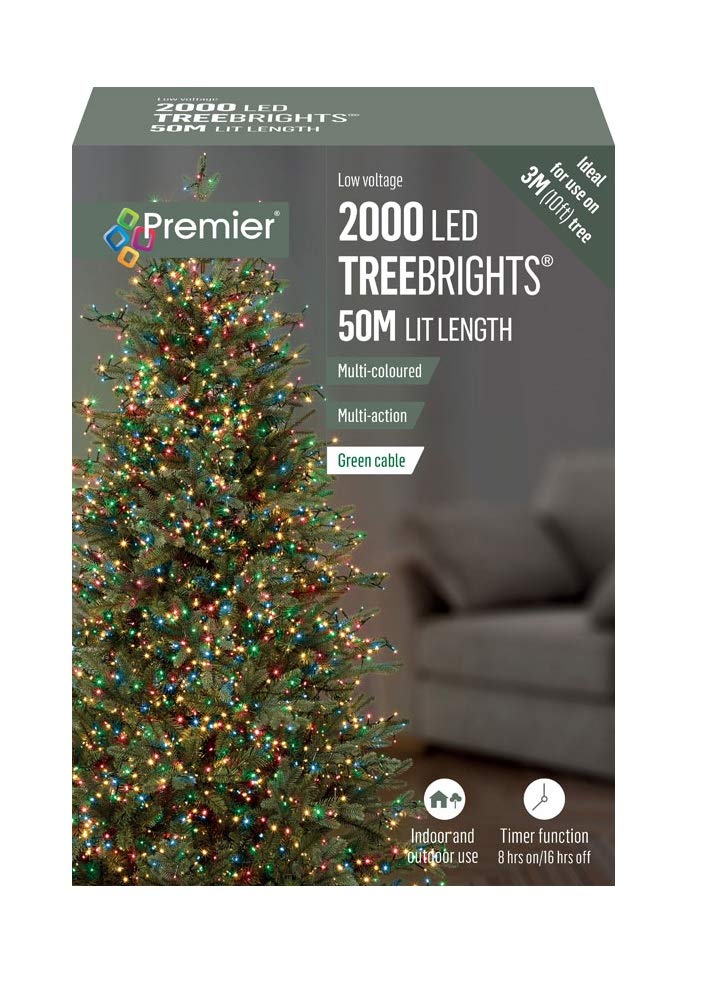 Set of 2,000 Multi-Coloured LED TreeBright Christmas Lights with Optional 8hr on/16hr Off Timer