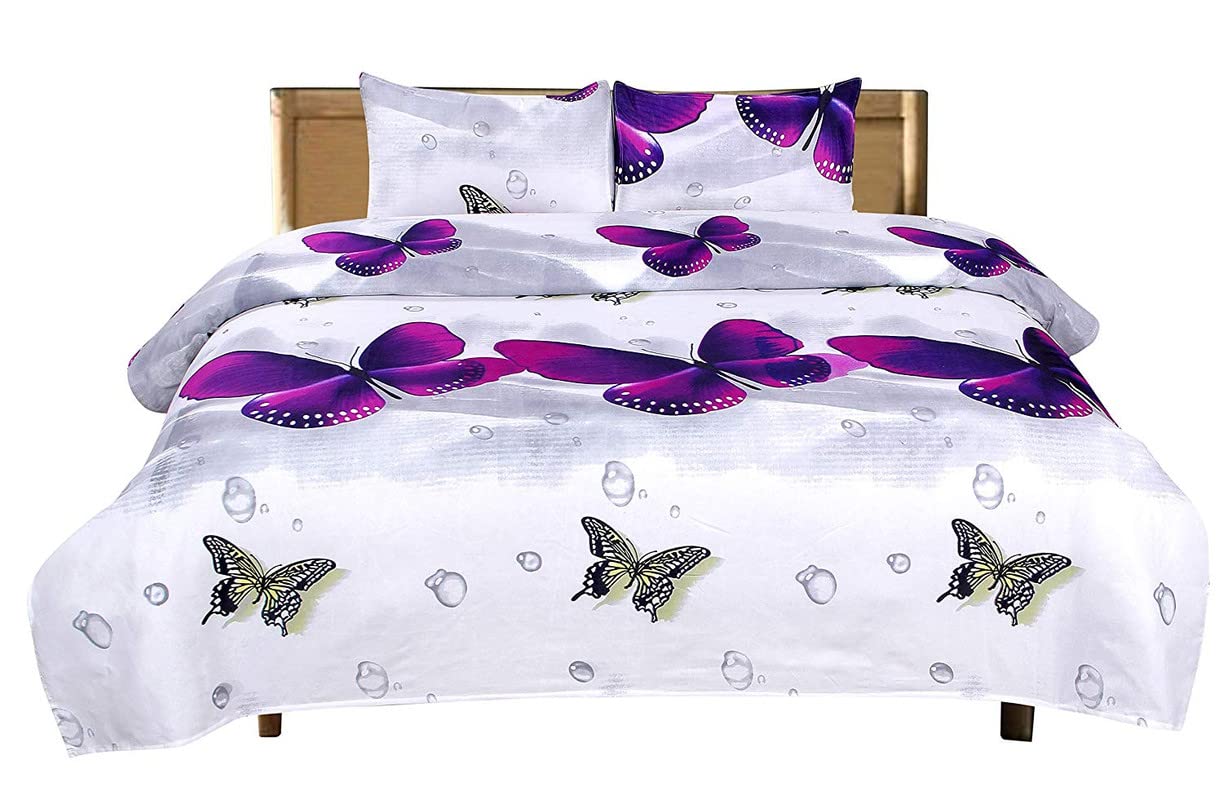 Delight Zone 144TC 3D Printed Polycotton Double Bedsheet with 2 Pillow Covers (Multicolour, Size 87 x 87 Inch) - White with Purple Butterfly 1 - M