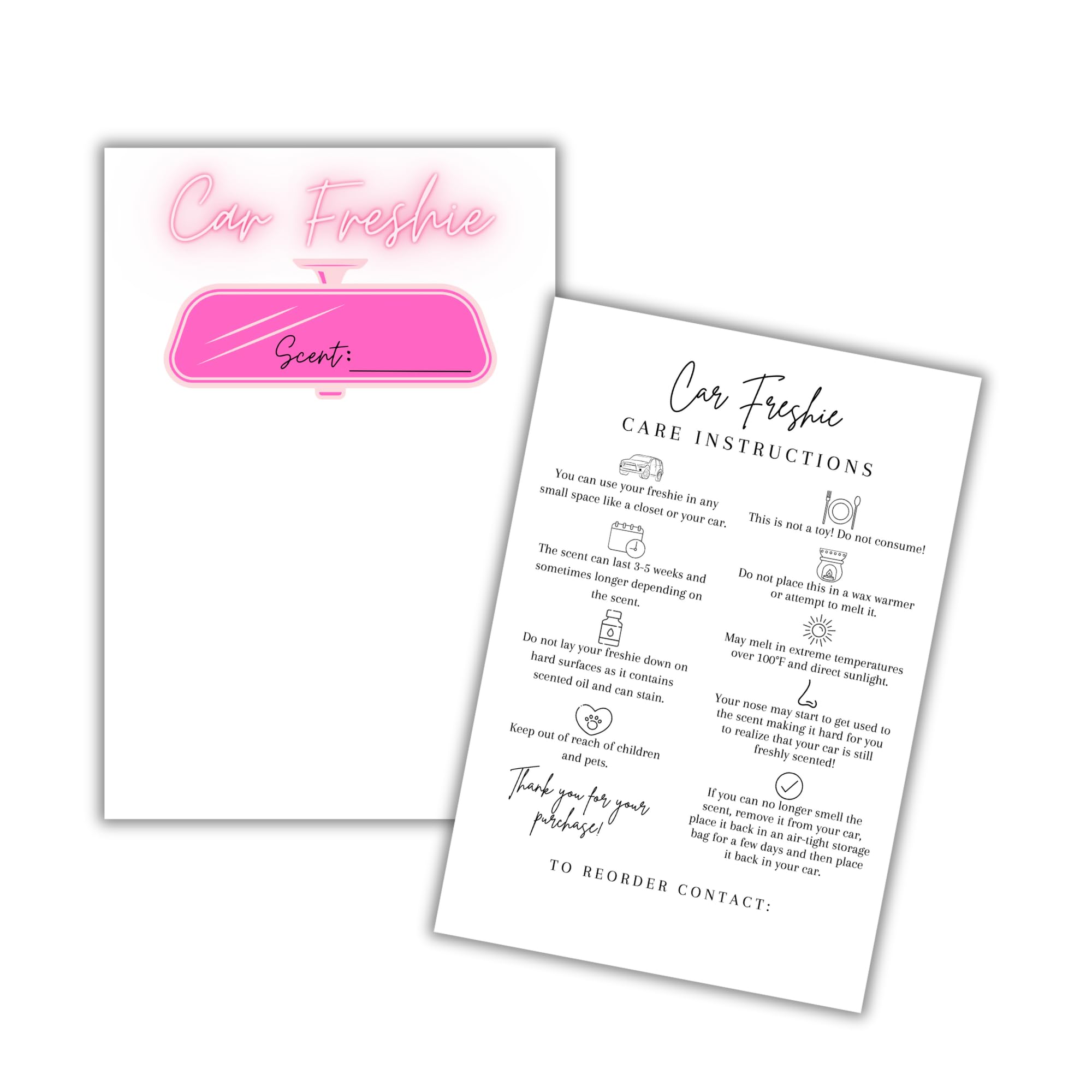 Car Freshie Insert Cards | 50 pk 4x6” White Pink Neon Simple, fits in 5x7” for Holographic Bags Freshie Scent Label Care Instruction Cardstock