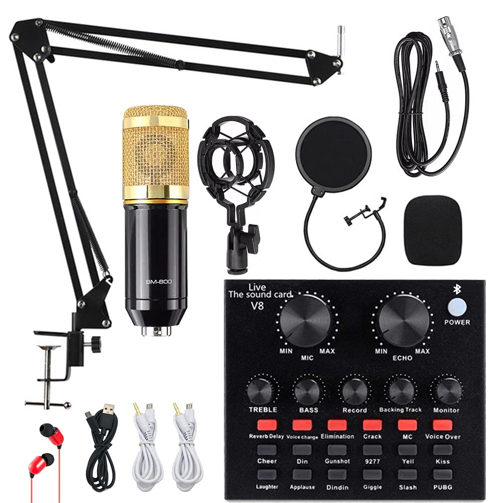 Condenser Microphone Bundle, ALPOWL BM-800 Mic Kit with Live Sound Card, Adjustable Mic Suspension Scissor Arm, Metal Shock Mount and Double-Layer Pop Filter for Studio Recording & Broadcasting (Gold)