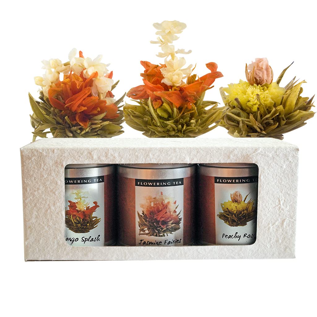 The Exotic TeapotFlowering Tea Selection Box, 3 Sampler Tins of Blooming Tea, Jasmine Flower Tea Balls