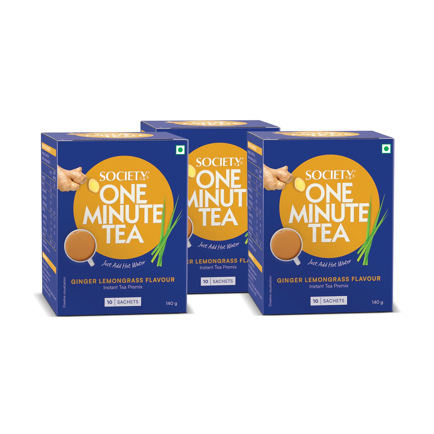 Society One Minute Tea | Ginger Lemongrass Flavour | Made with Lemongrass & Ginger | Flavoured Instant Tea | 14g X 10 Sachets (140g) | Pack of 3