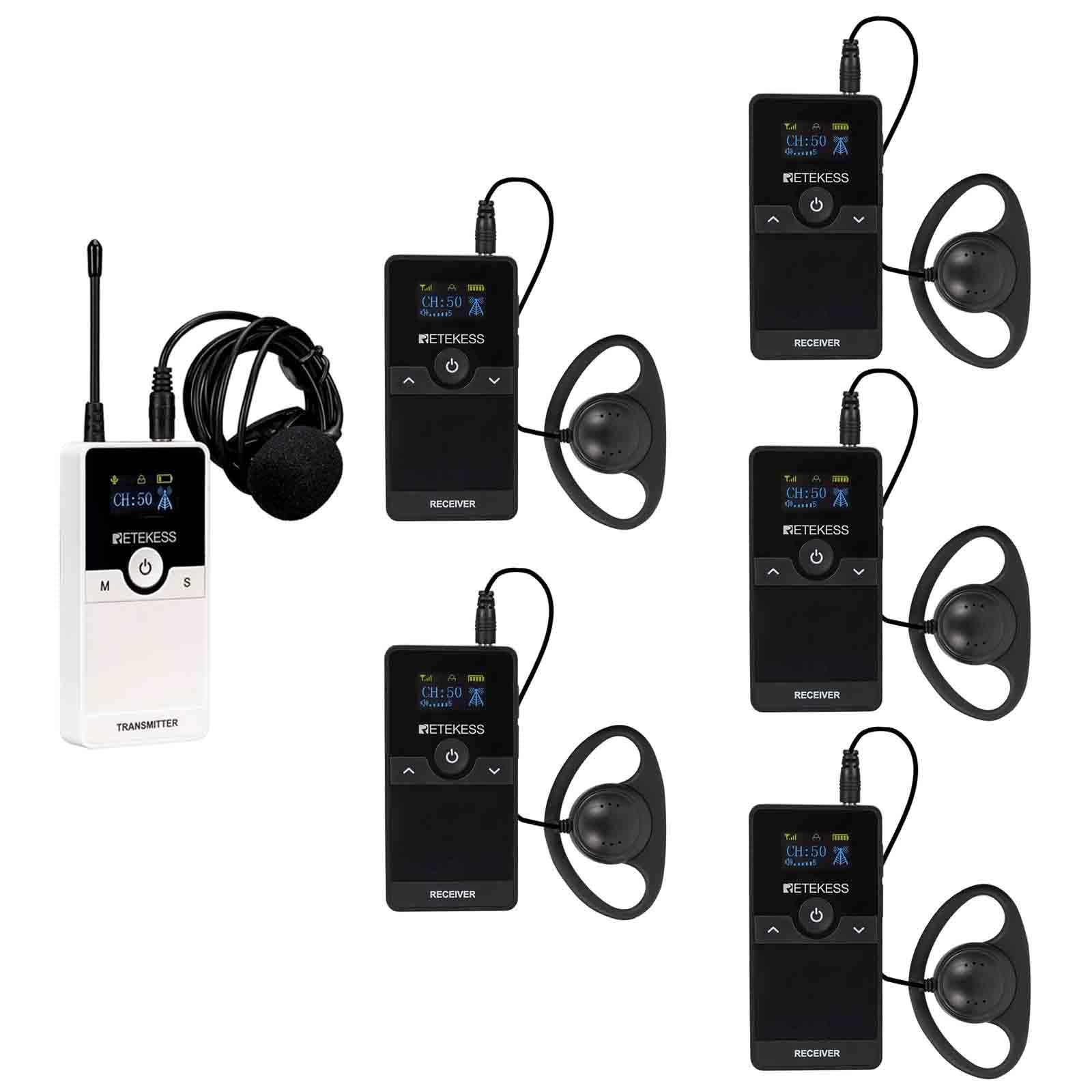 Retekess TT116 Tour Guide System Wireless, Assisted Listening Device, Built in Detachable Battery, 656ft, Church Translation, Court Interpreter(1 Transmitter 5 Receivers)